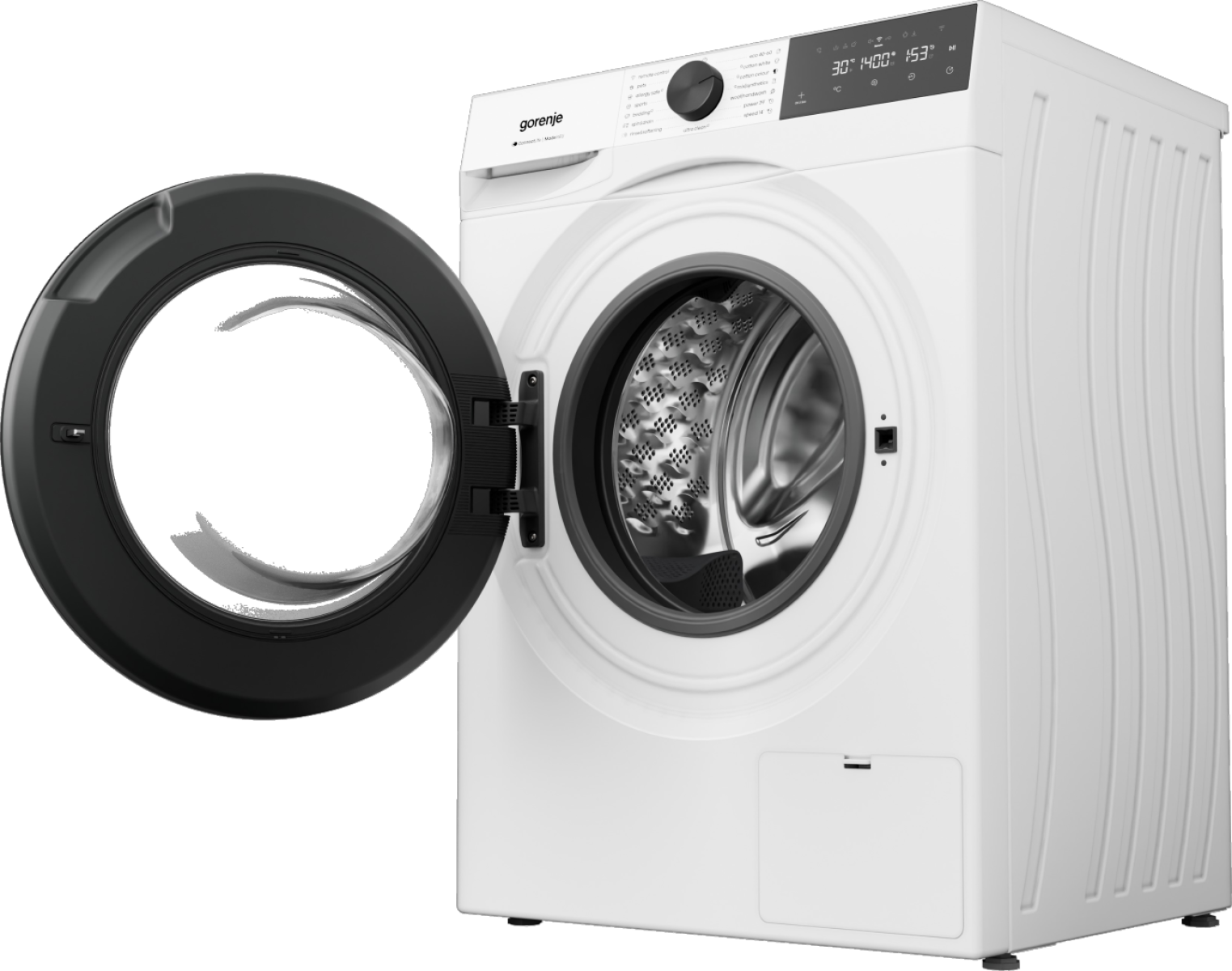 Fehér Gorenje mosógép nyitott fekete ajtóval, látható dobbal.