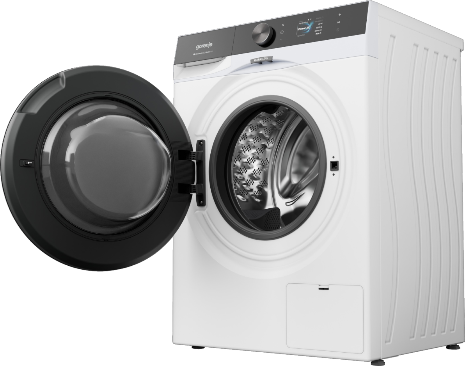 Fehér Gorenje mosógép nyitott sötétszürke ajtóval és látható dobbal.