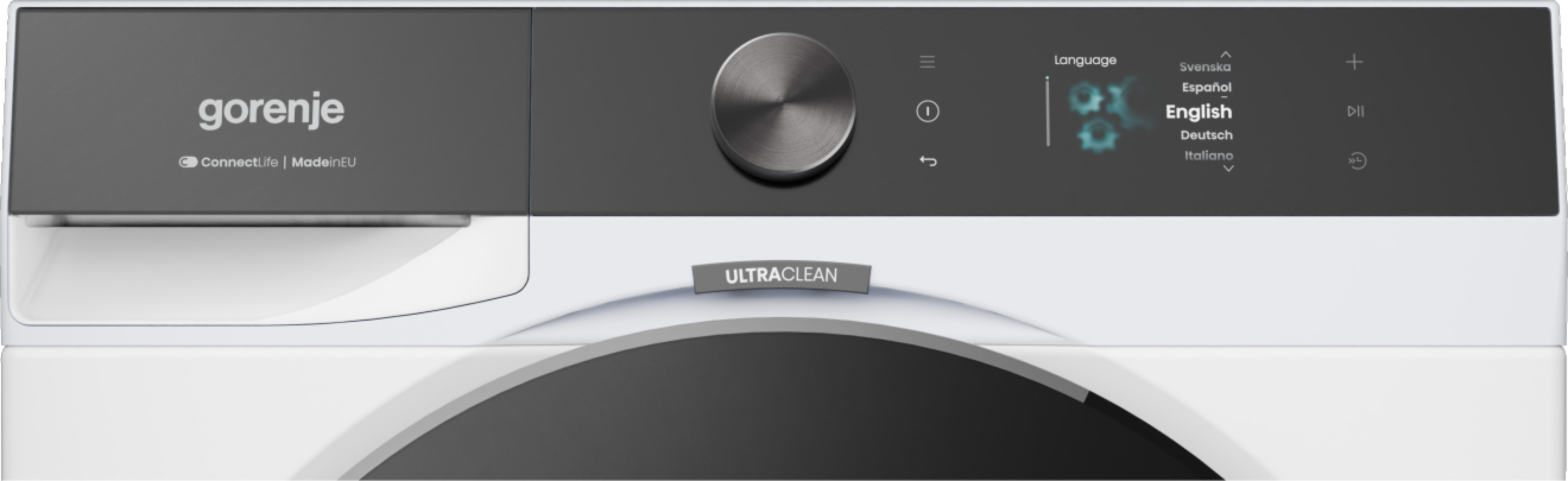 Gorenje mosógép kezelőpanel nyelvi választással. Az angol kiemelve.