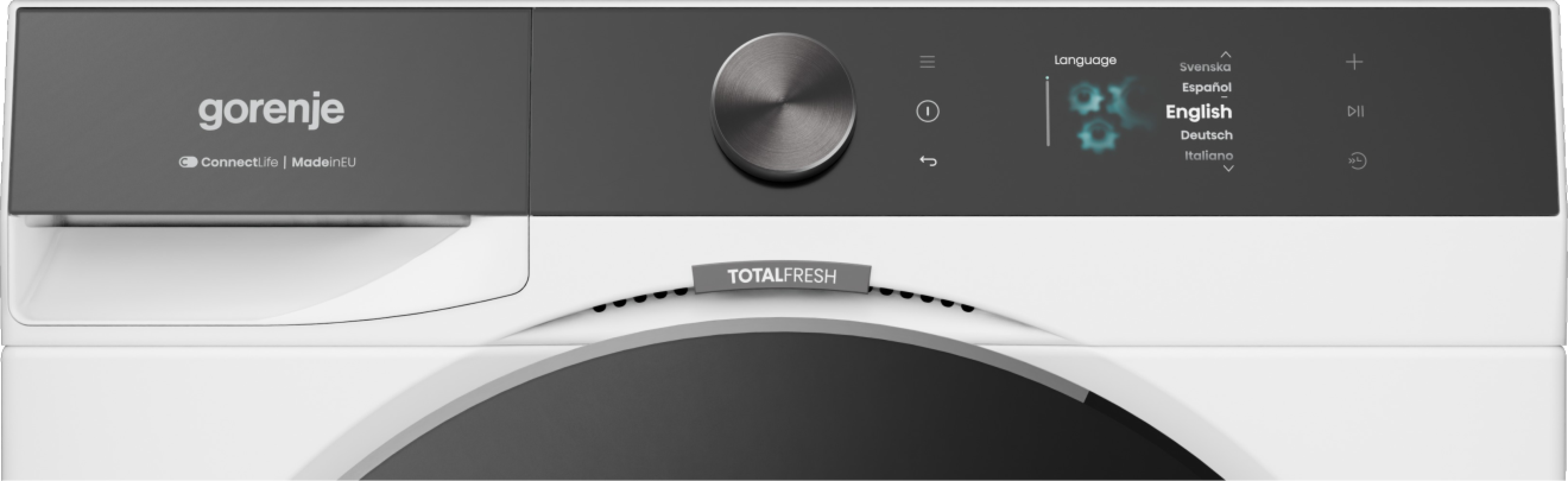 Gorenje mosógép forgókapcsolóval, érintőképernyővel és nyelvválasztással.
