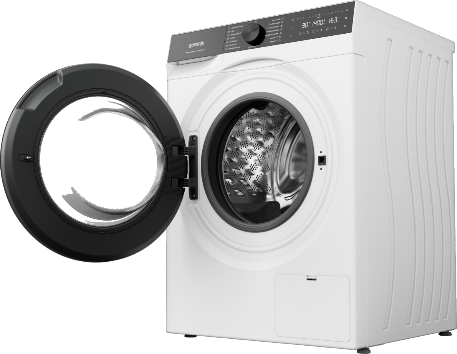 Egy fehér Gorenje mosógép nyitott ajtóval, dobot mutatva.