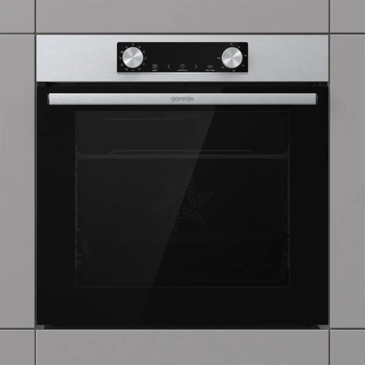 Modern beépített sütő fekete üvegajtóval és ezüst fogantyúval. Kezelőpanel felül.