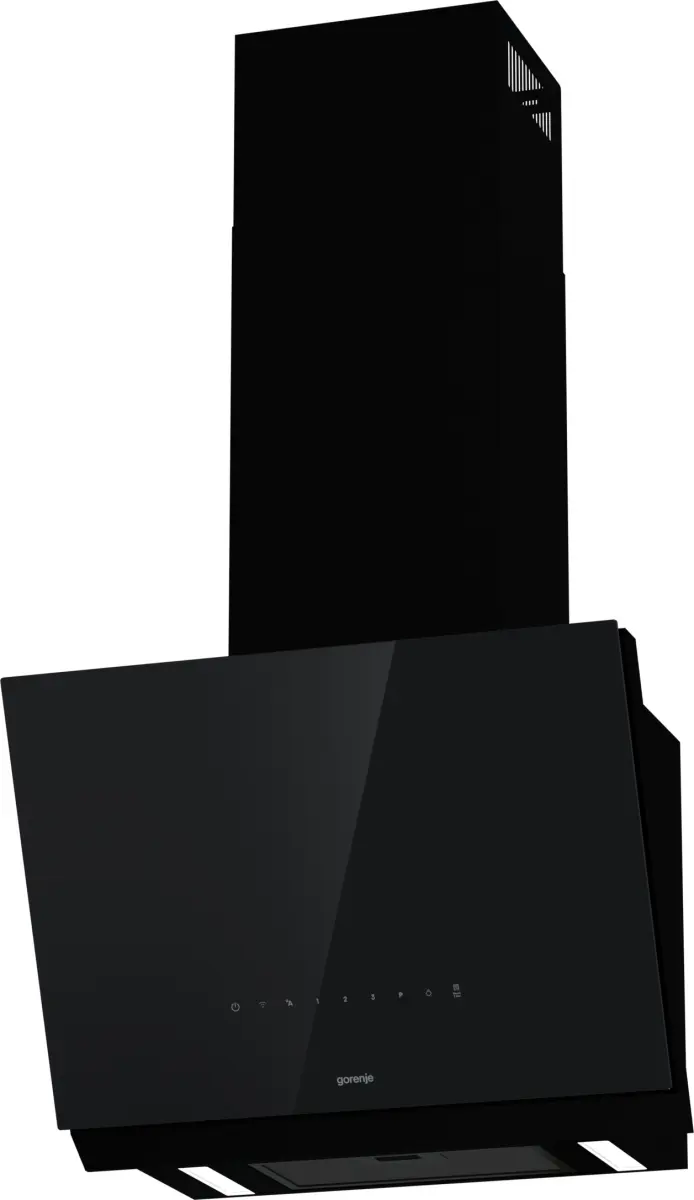 Egy modern fekete Gorenje páraelszívó üveg előlappal és érintőgombokkal.