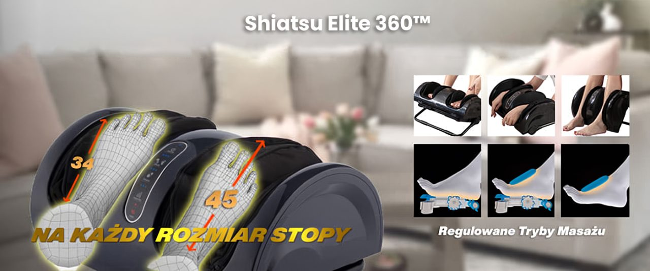 Masażer do stóp Shiatsu Elite 360 pokazujący rozmiary 34 i 45.