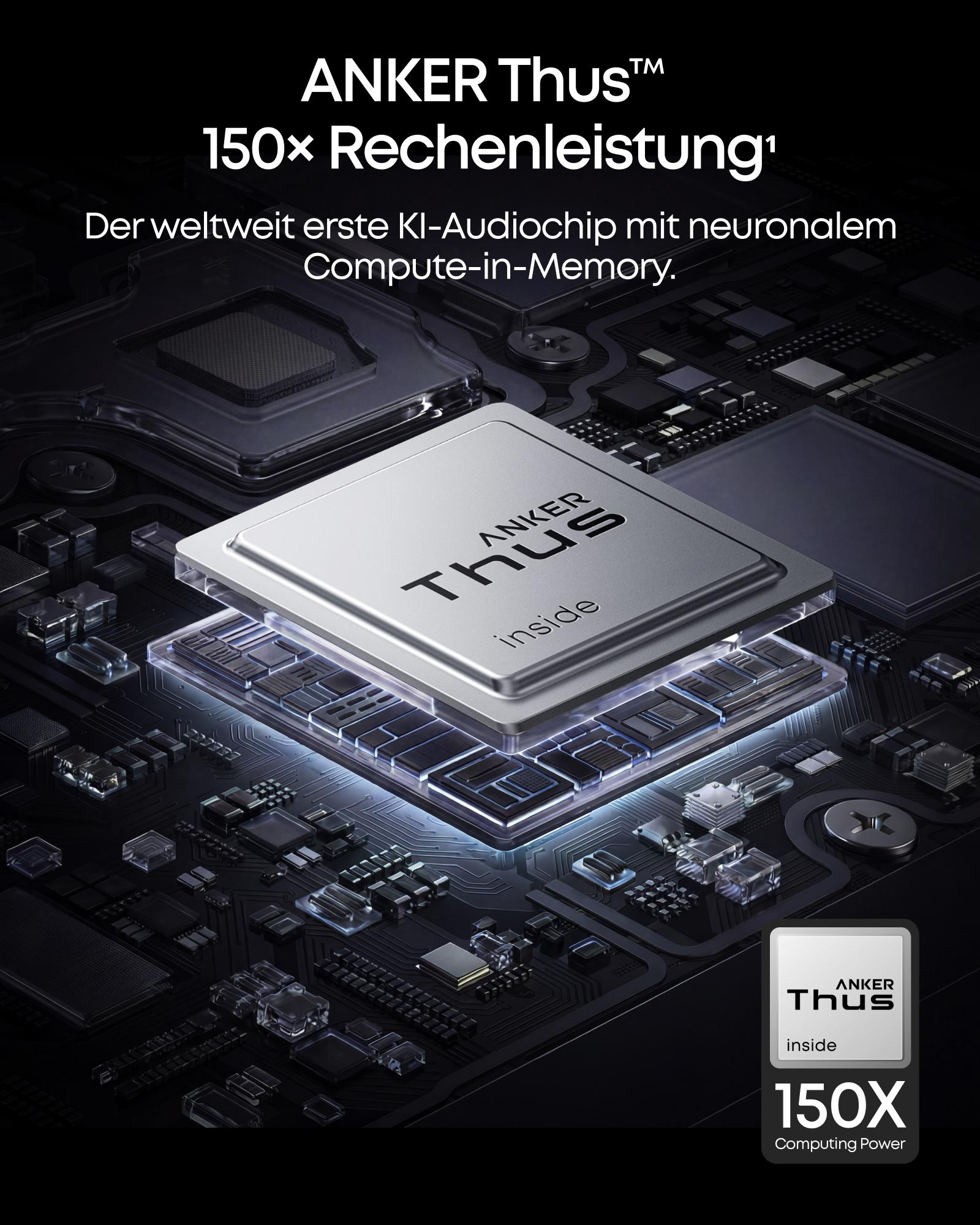 Ein ANKER Thus Chip auf einer Leiterplatte mit Textanzeige 150x Rechenleistung.
