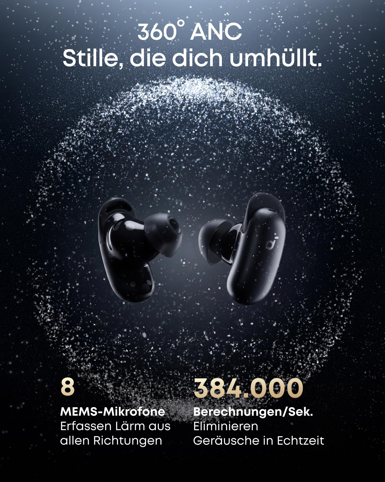 Schwarze Kopfhörer mit 360 ANC. 8 MEMS-Mikrofone, 384.000 Berechnungen/Sek.