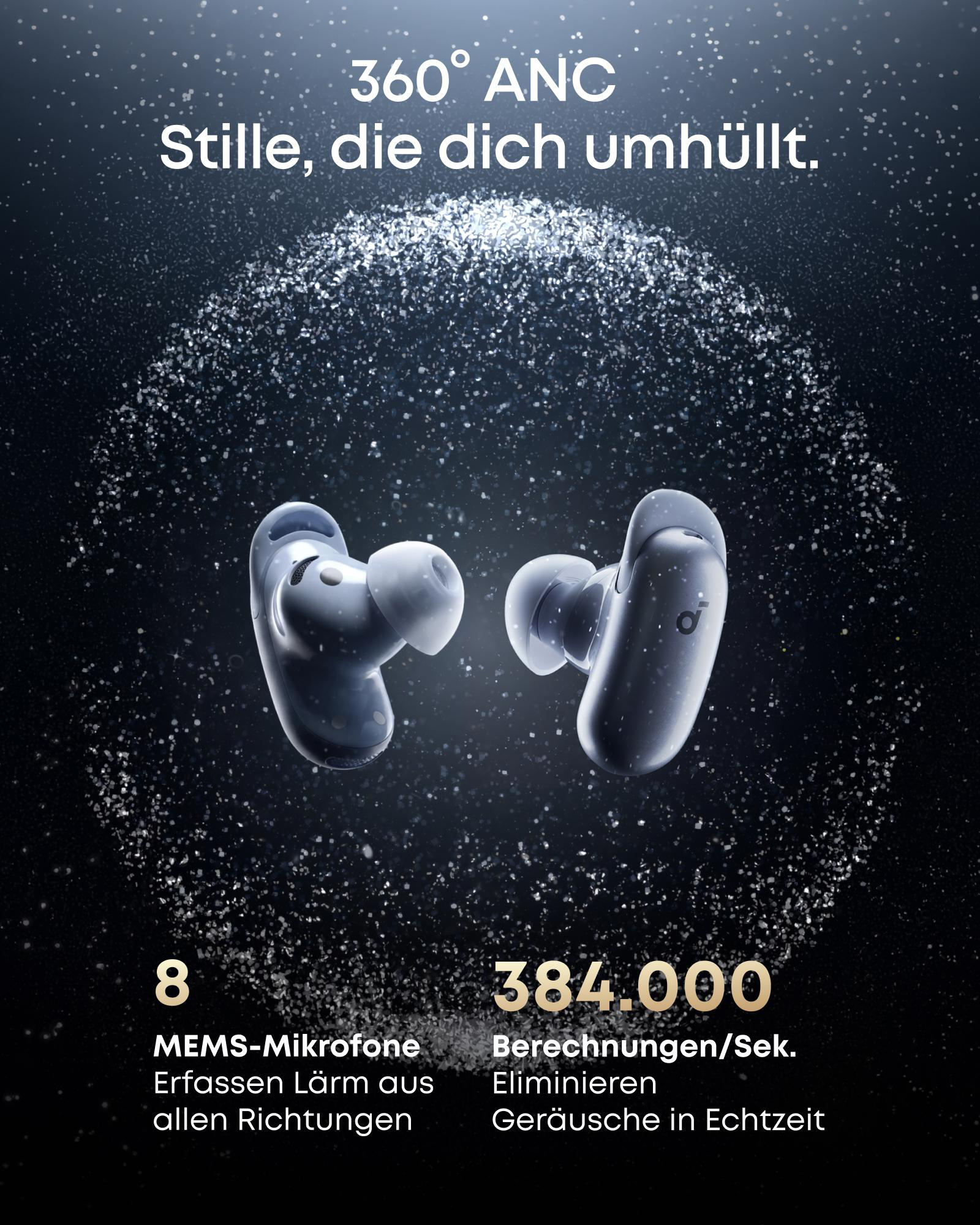 Zwei weiße kabellose Ohrhörer schweben vor einem dunklen, funkelnden Hintergrund.