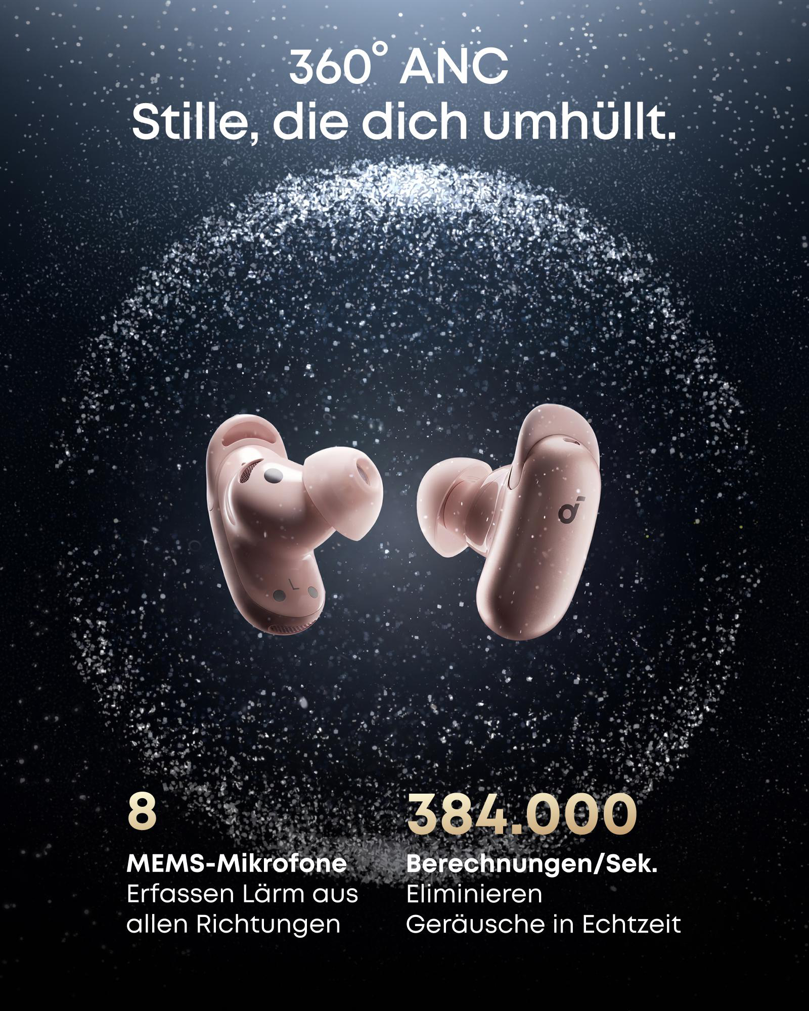 Zwei rosafarbene kabellose Kopfhörer schweben vor einem dunklen Hintergrund mit Partikeln.