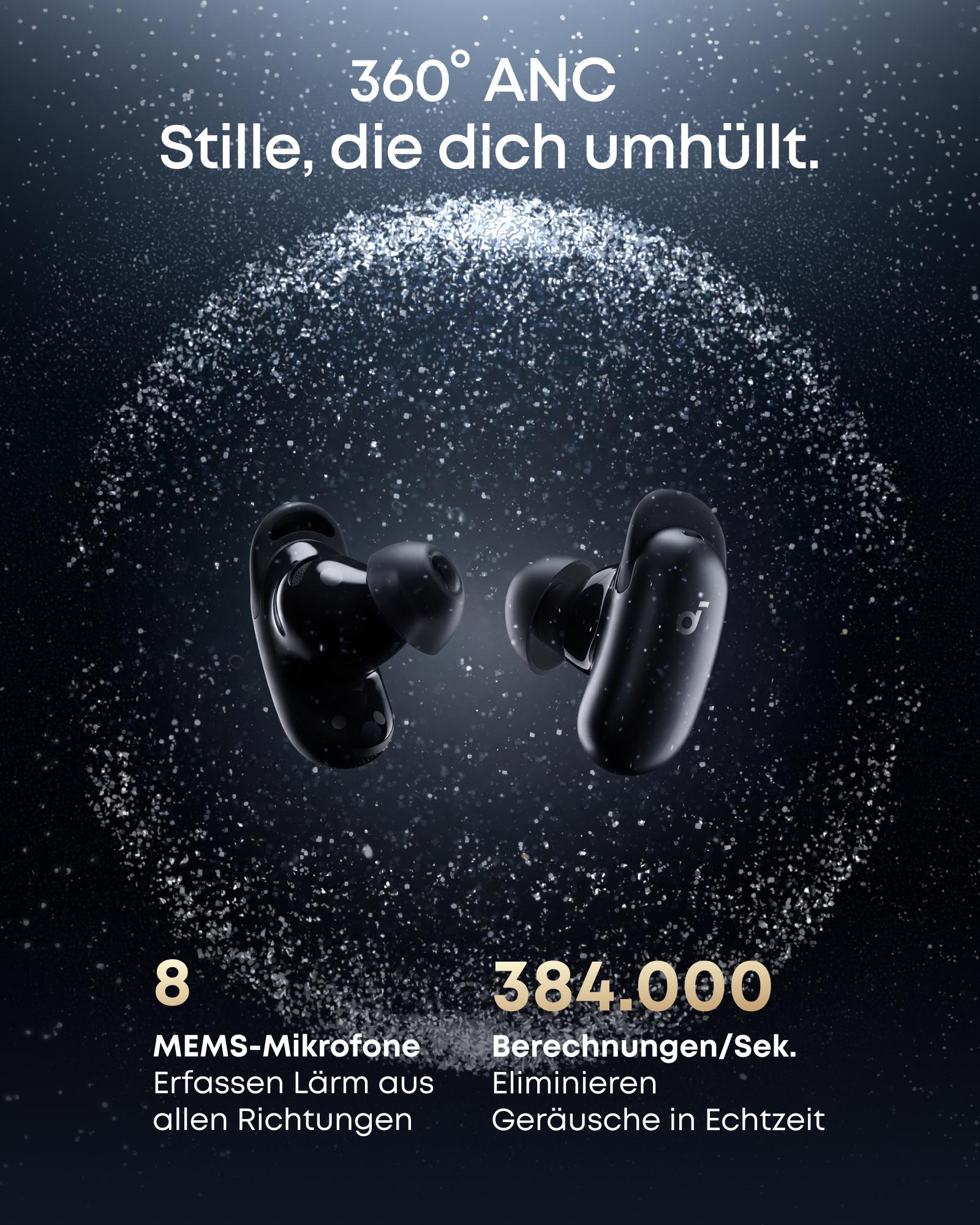 Zwei schwarze kabellose Ohrhörer mit Glitzerpartikeln auf dunklem Hintergrund.