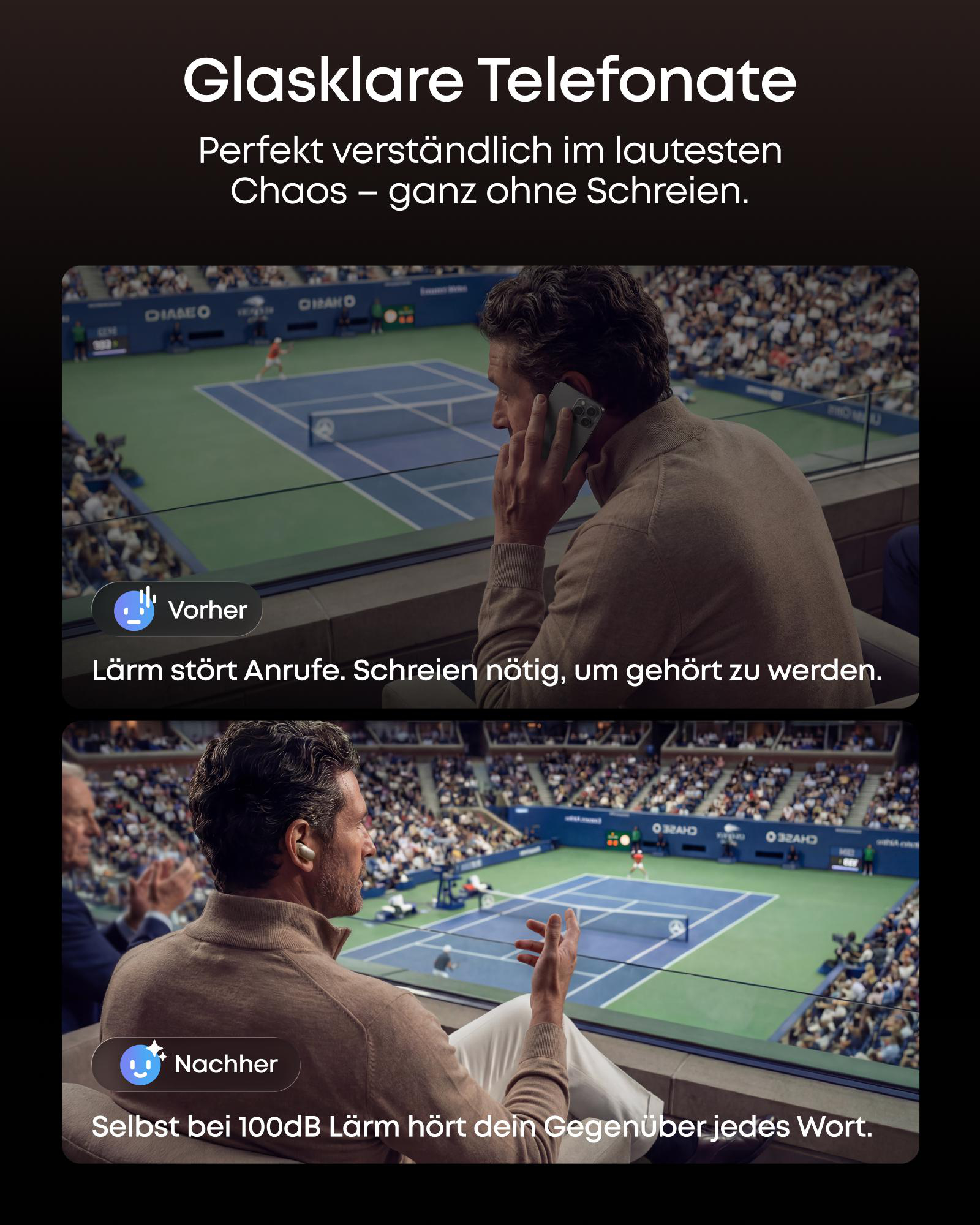 Mann telefoniert im lauten Stadion, erst mit Handy, dann mit Ohrhörern.