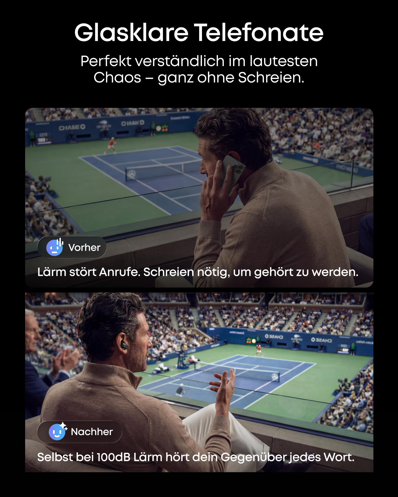 Mann telefoniert auf Tennisplatz. Oben: Lärm stört. Unten: Mit Kopfhörern ruhig.