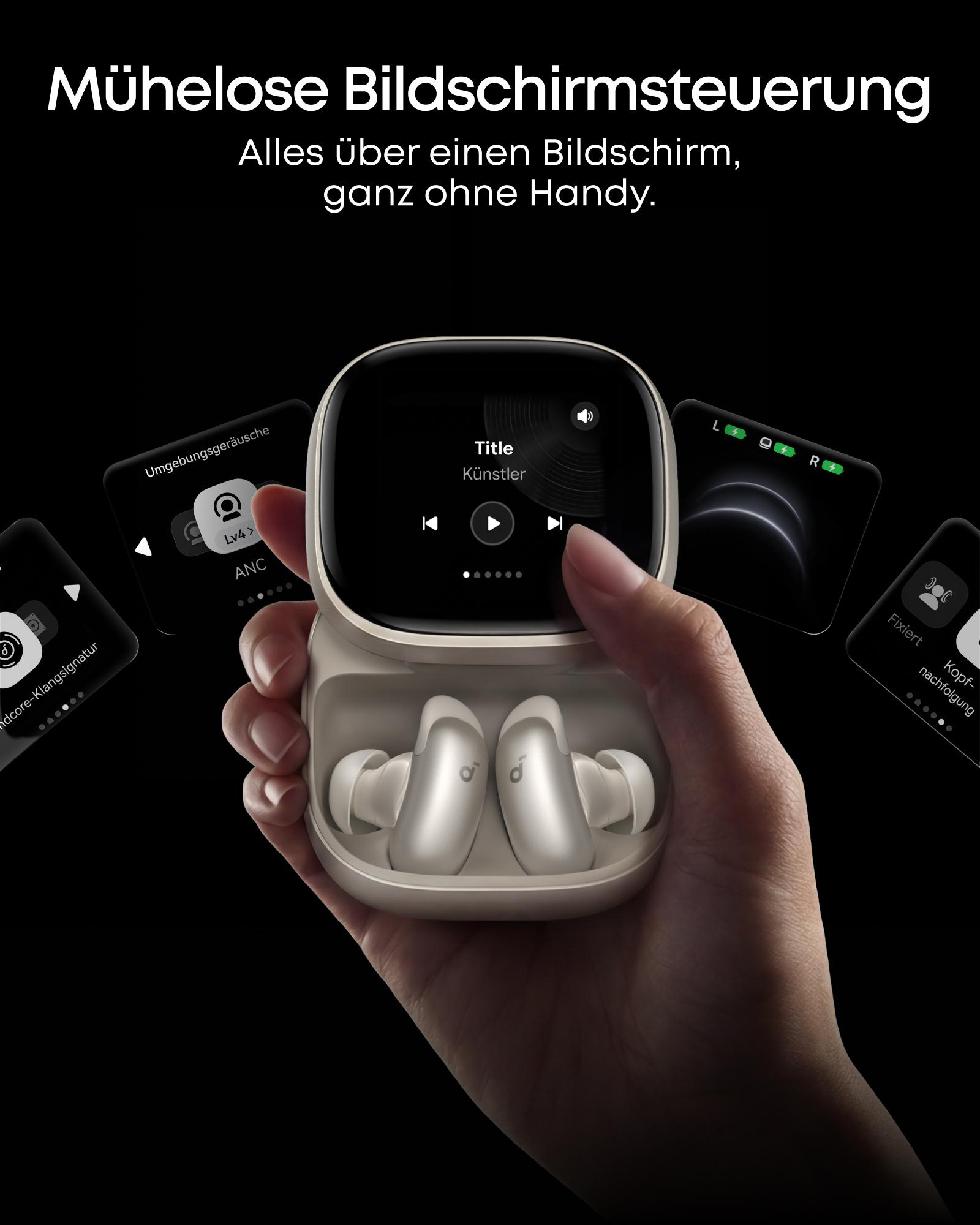 Eine Hand hält Kopfhörer in einem Ladecase. Links und rechts sind Screens mit Menüs.