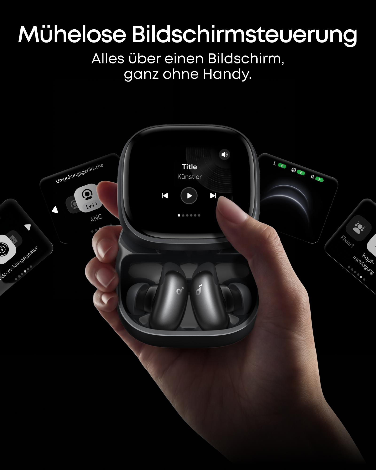 Eine Hand hält ein Ladecase mit Kopfhörern. Ein Bildschirm zeigt Musiksteuerung.