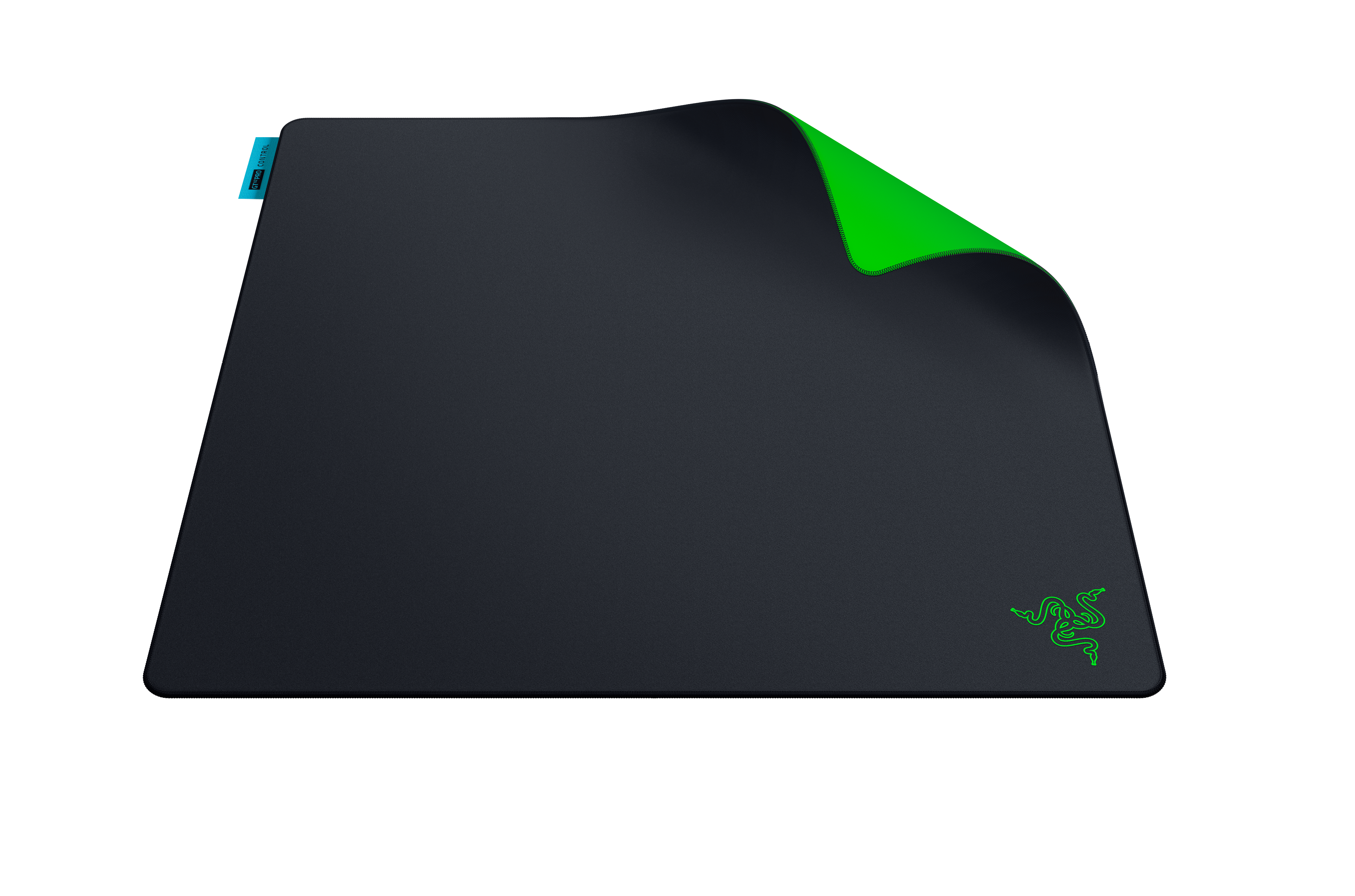 Schwarzes Mauspad mit aufgerolltem Eck- und grünem Unterseite. Razer-Logo.