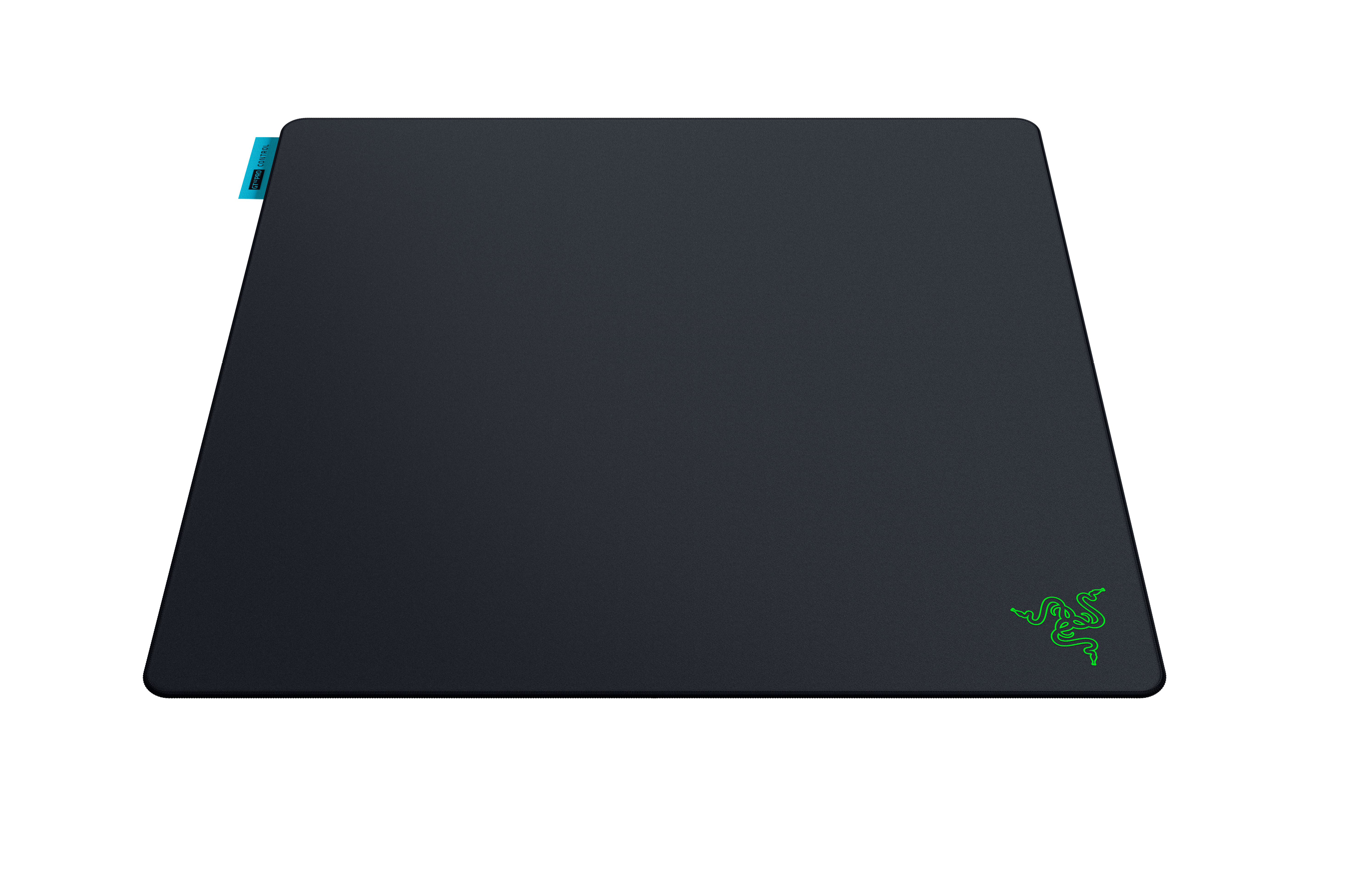 Schwarzes Razer Mauspad mit grünem Logo und blauem Etikett.