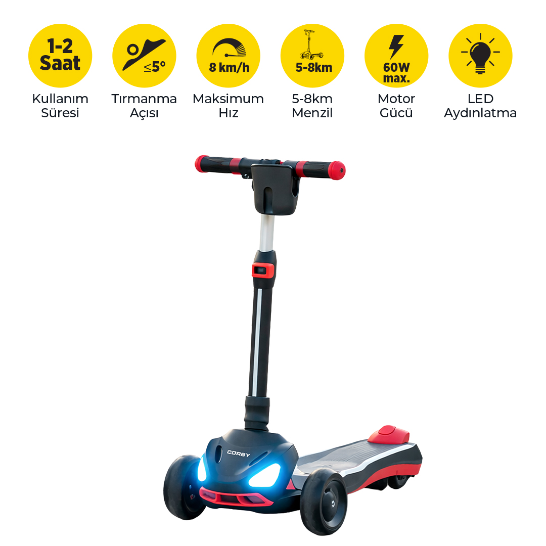 Kırmızı ve siyah vurgulara ve aydınlatılmış önlüklere sahip üç tekerlekli scooter.