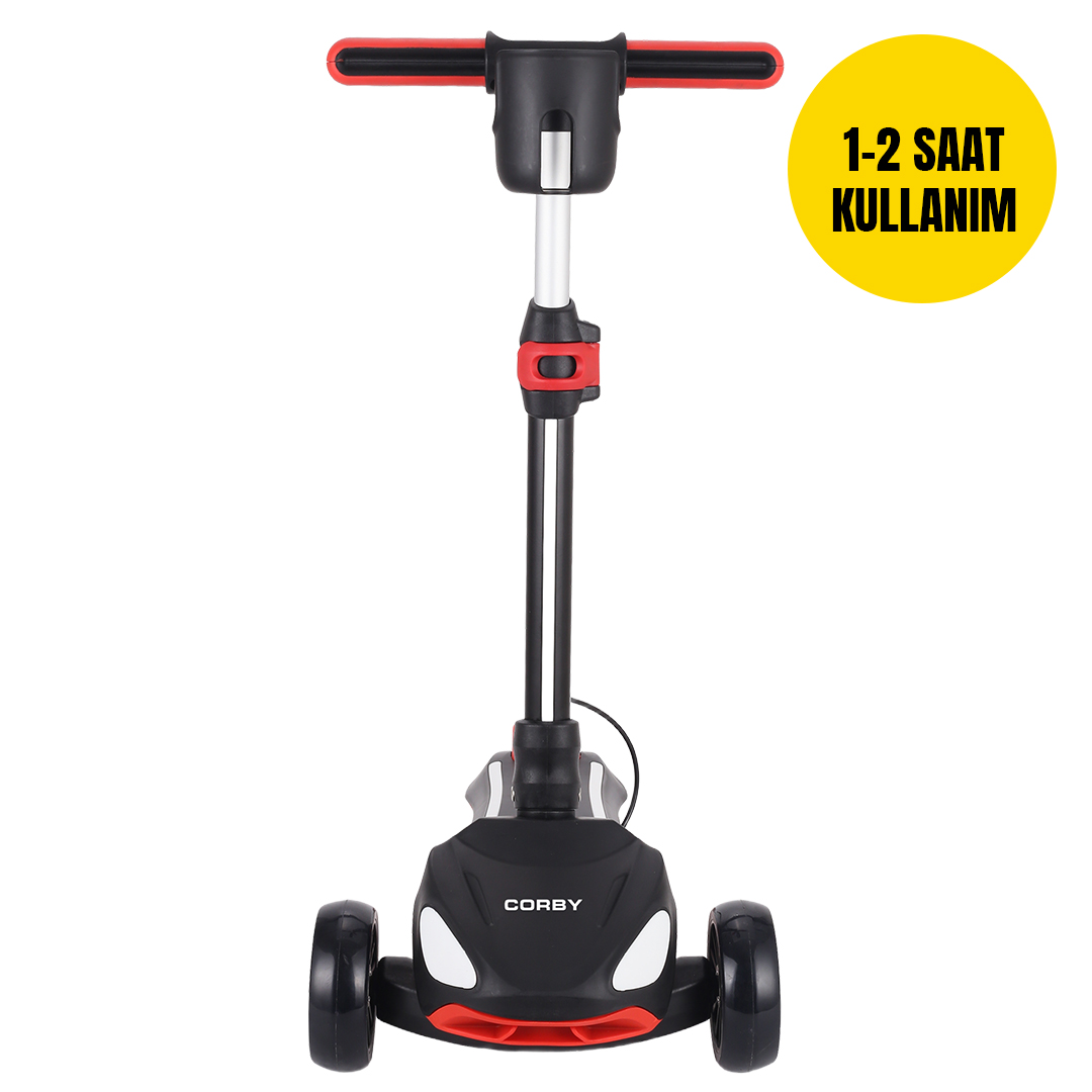 Kırmızı vurgulara ve Türkçe metinli sarı daireye sahip siyah üç tekerlekli scooter.