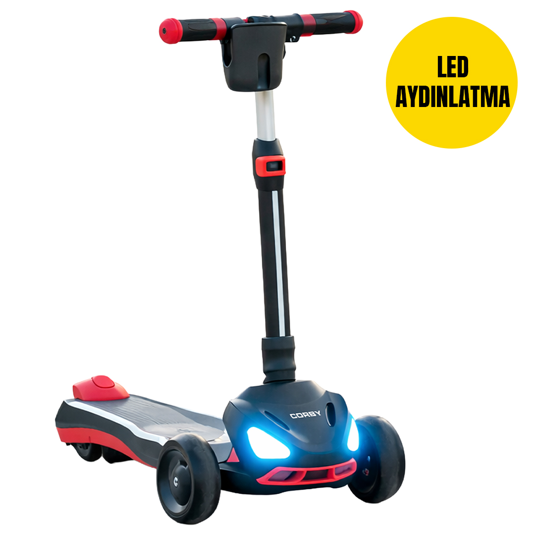 Parlak mavi farları olan siyah, kırmızı ve beyaz renkli üç tekerlekli elektrikli scooter.