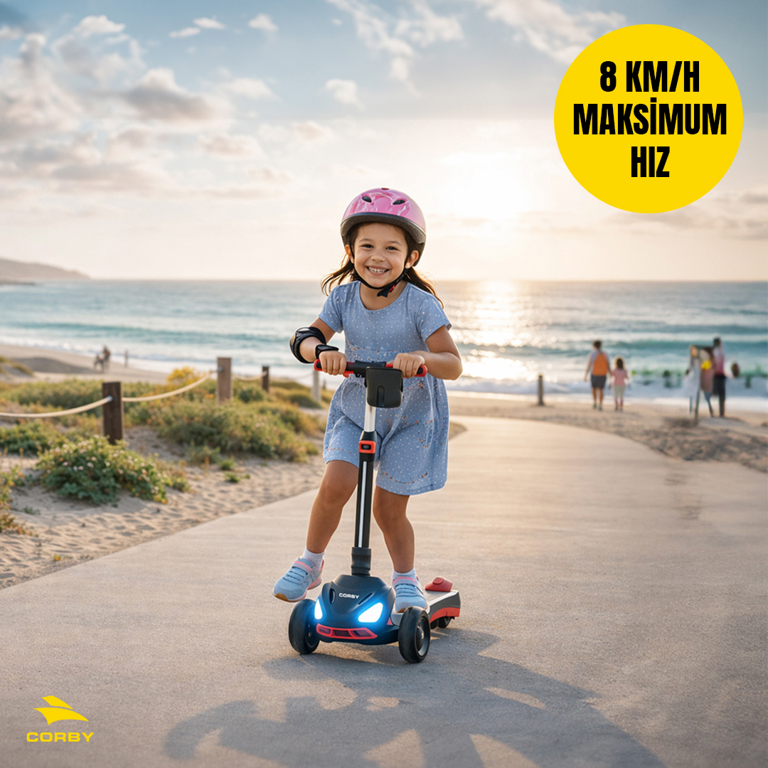 Gün batımında sahilde bir kız scooter sürüyor.