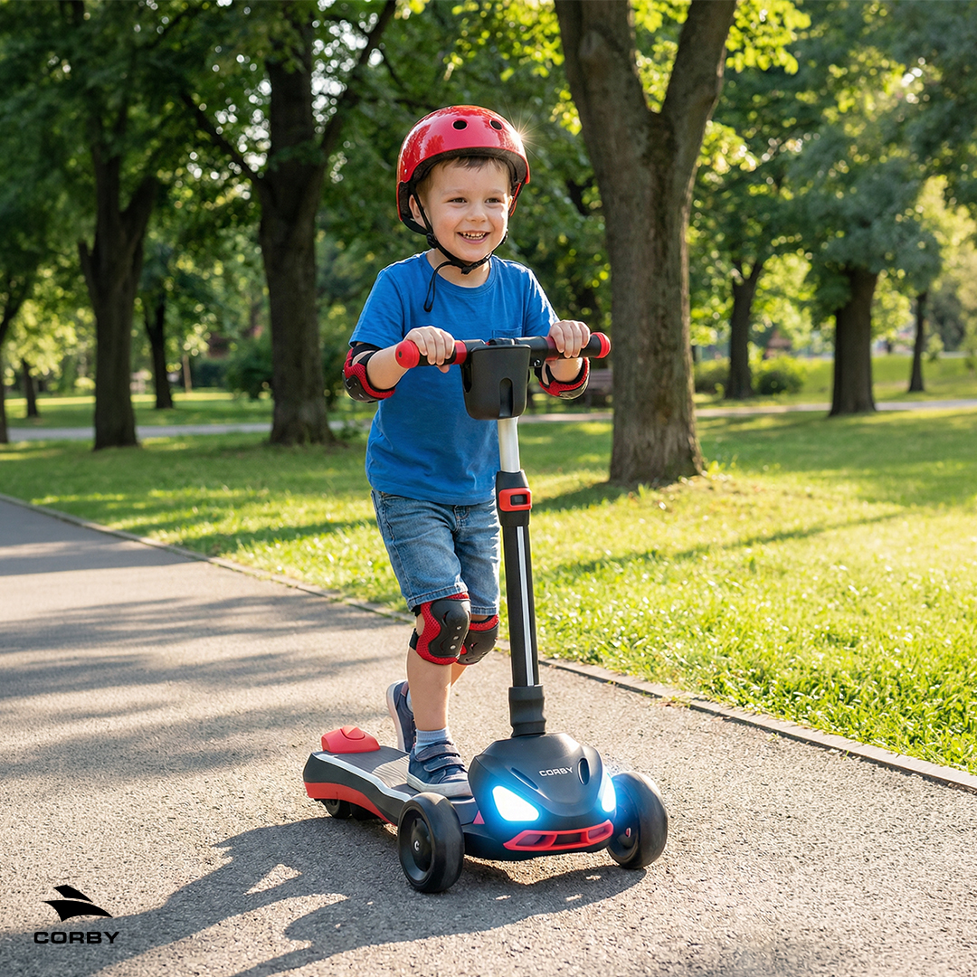 Kırmızı kasklı gülümseyen bir çocuk parkta siyah ve kırmızı bir scooter sürüyor.