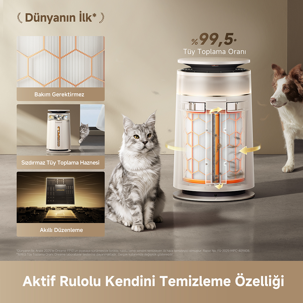 Kedi, köpek ve işlevsel detayları olan hava temizleyici.
