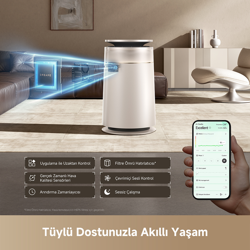 Bir çipten yayılan mavi ışık huzmeleri olan beyaz hava temizleyici. Bir el, bir uygulamayı gösteren akıllı telefon tutuyor.