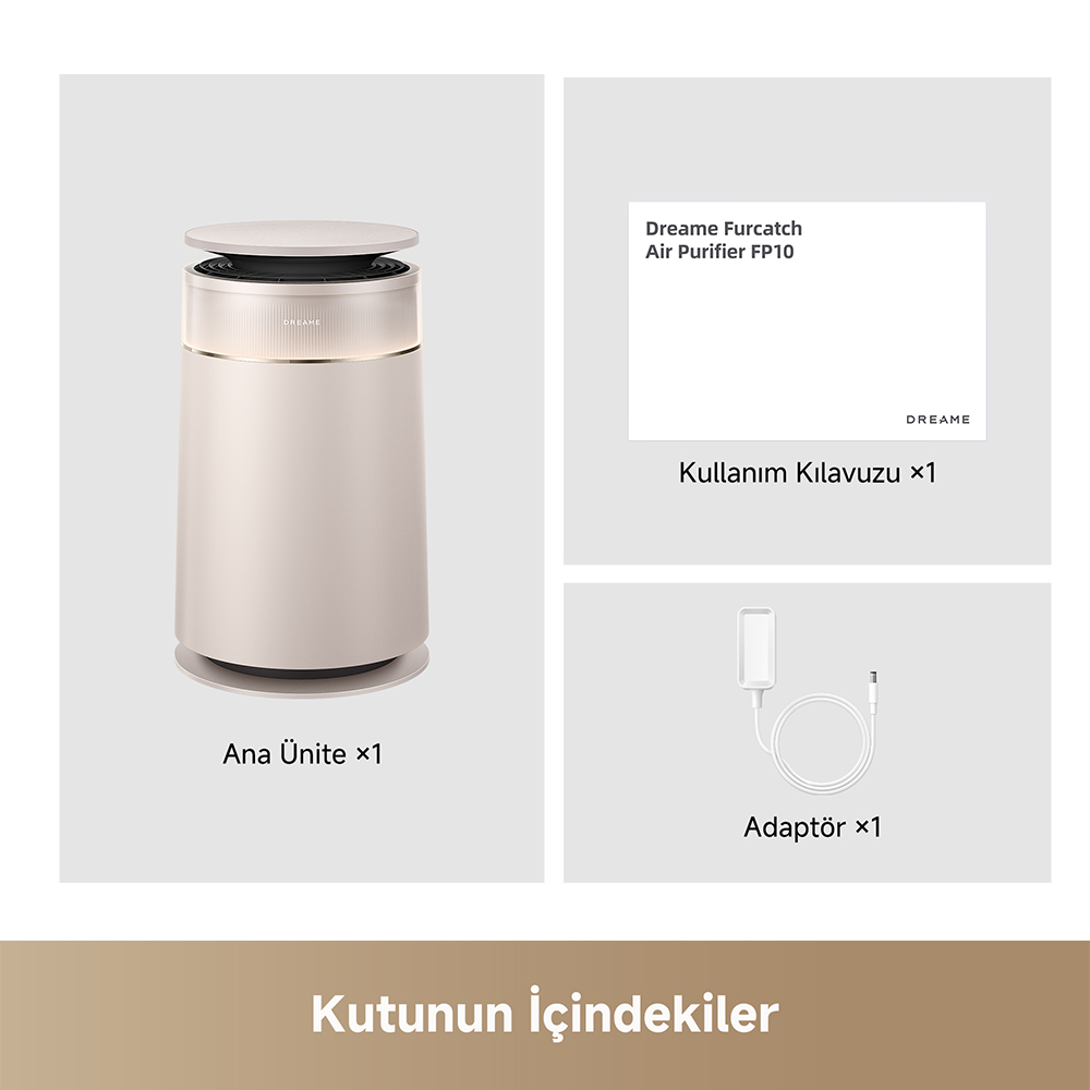 Kullanım kılavuzu ve adaptörlü bej hava temizleyici.