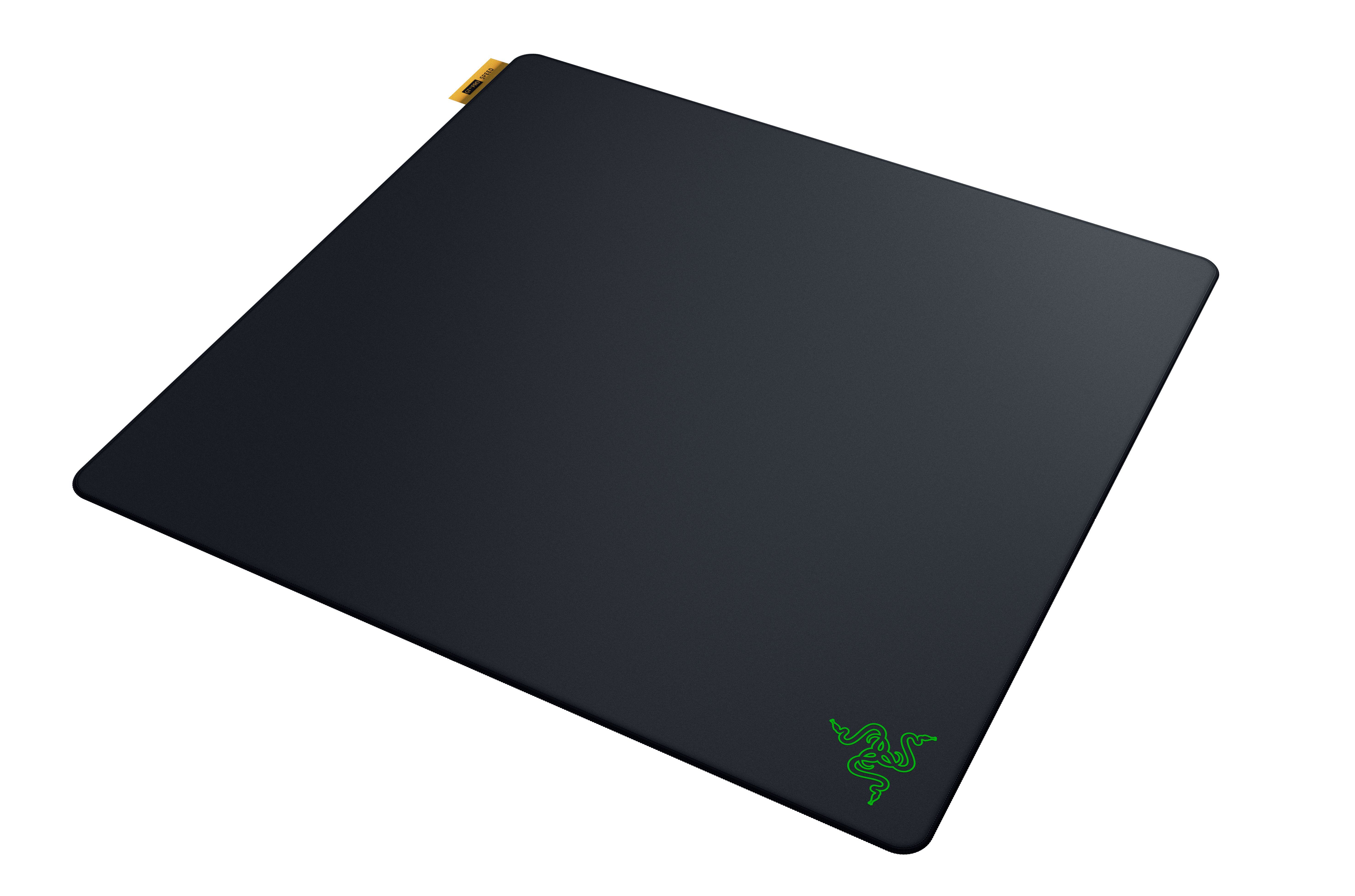 Schwarzes Razer Gaming-Mauspad mit grünem Logo und gelbem Tab.