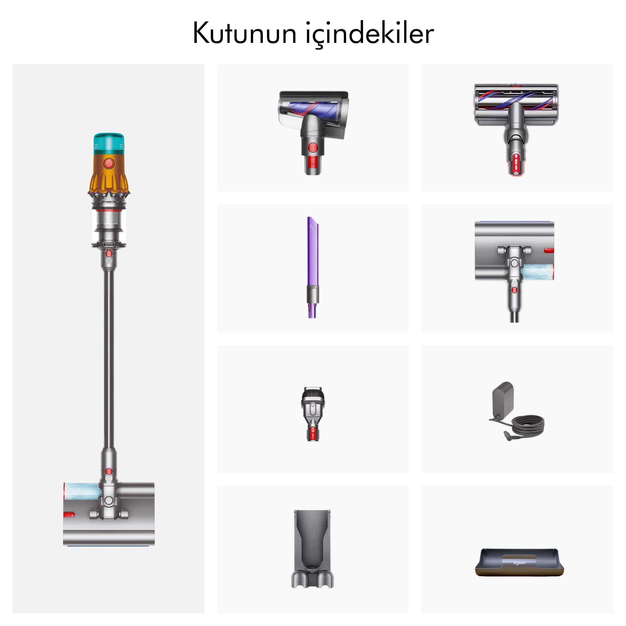 Aksesuarli Dyson süpürge: ana ünite, başlıklar, şarj cihazı ve dock.