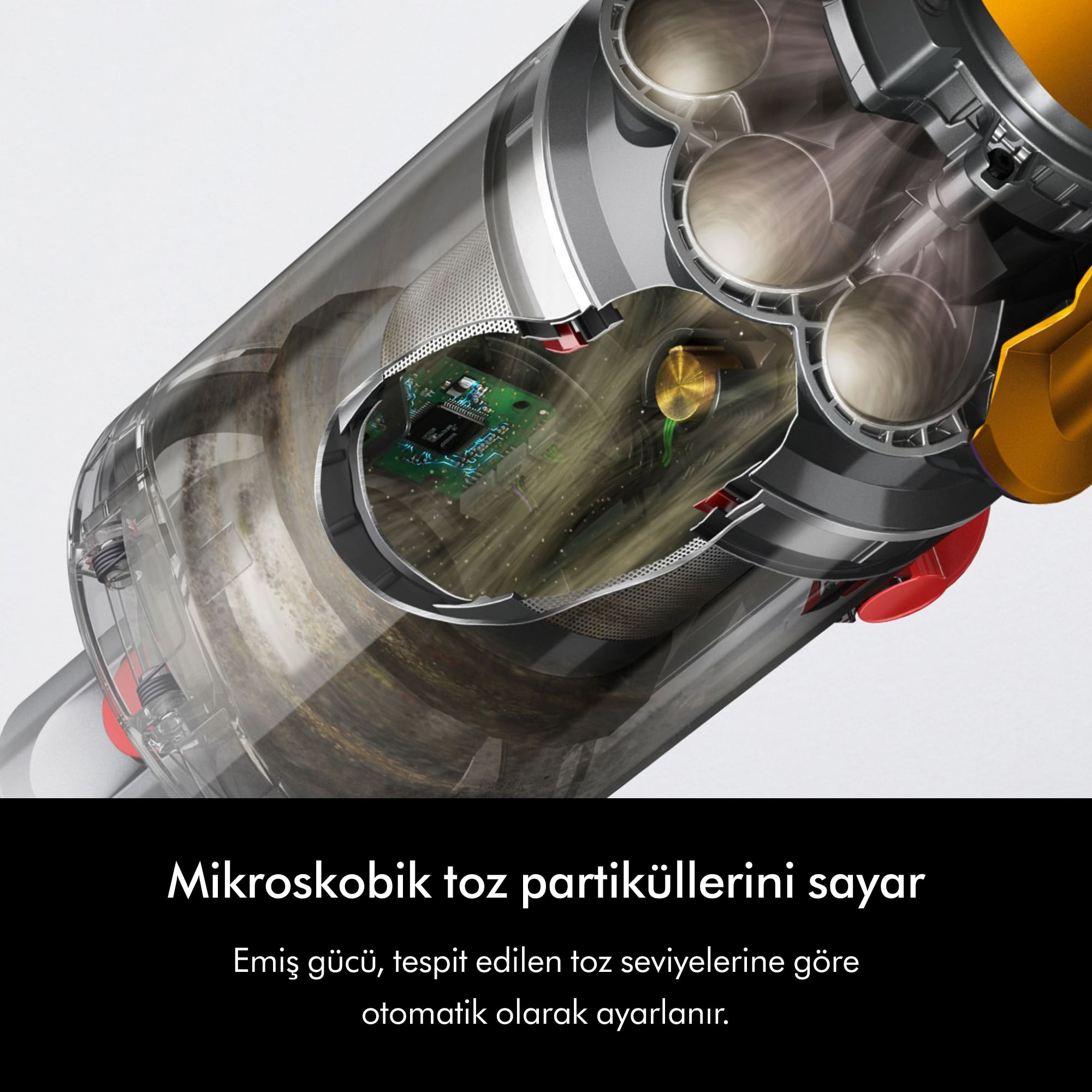 İç bileşenleri ve toz parçacıklarını gösteren şeffaf vakum parçası.