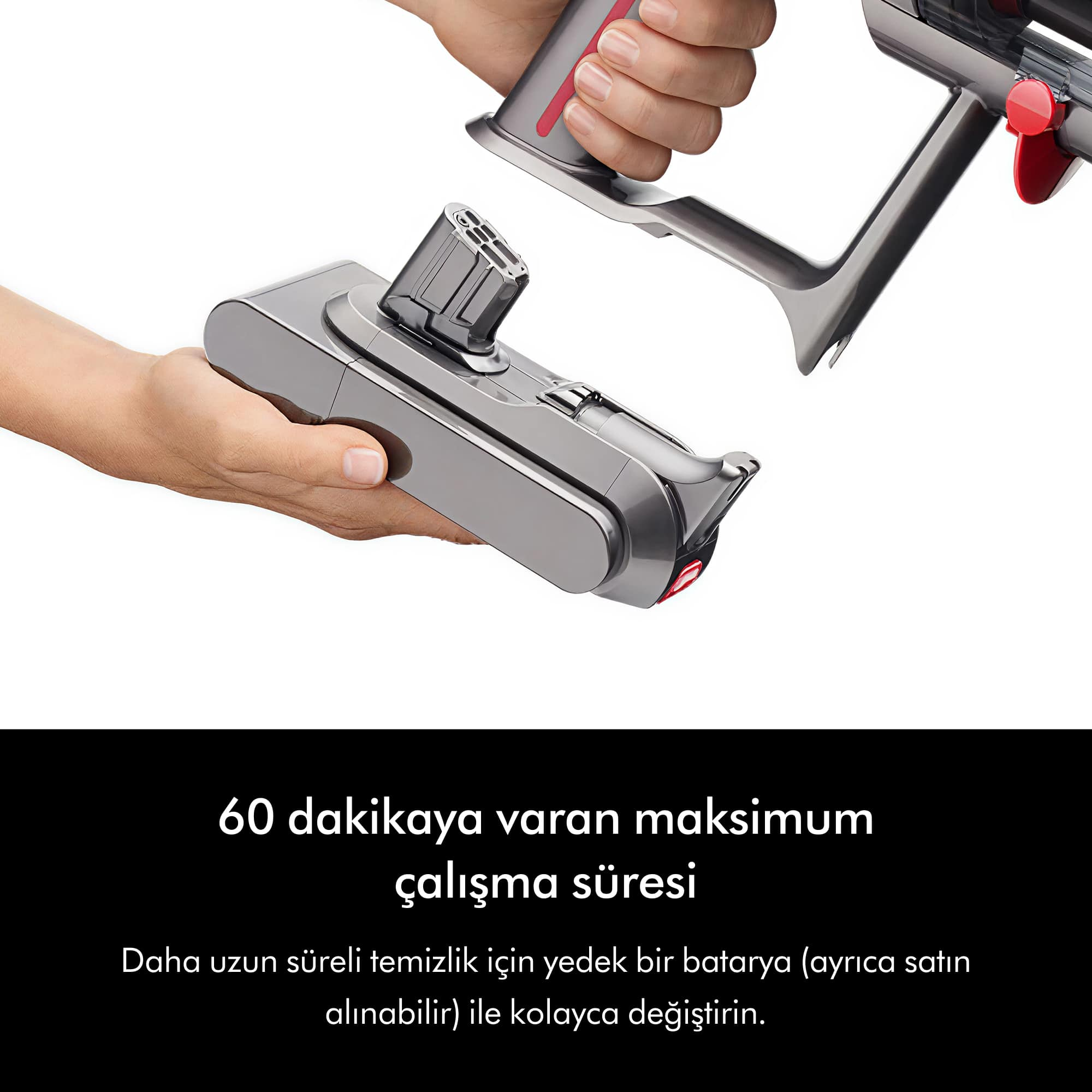 Bir el, bir başlığa takılan elektrikli süpürge sapını tutuyor.