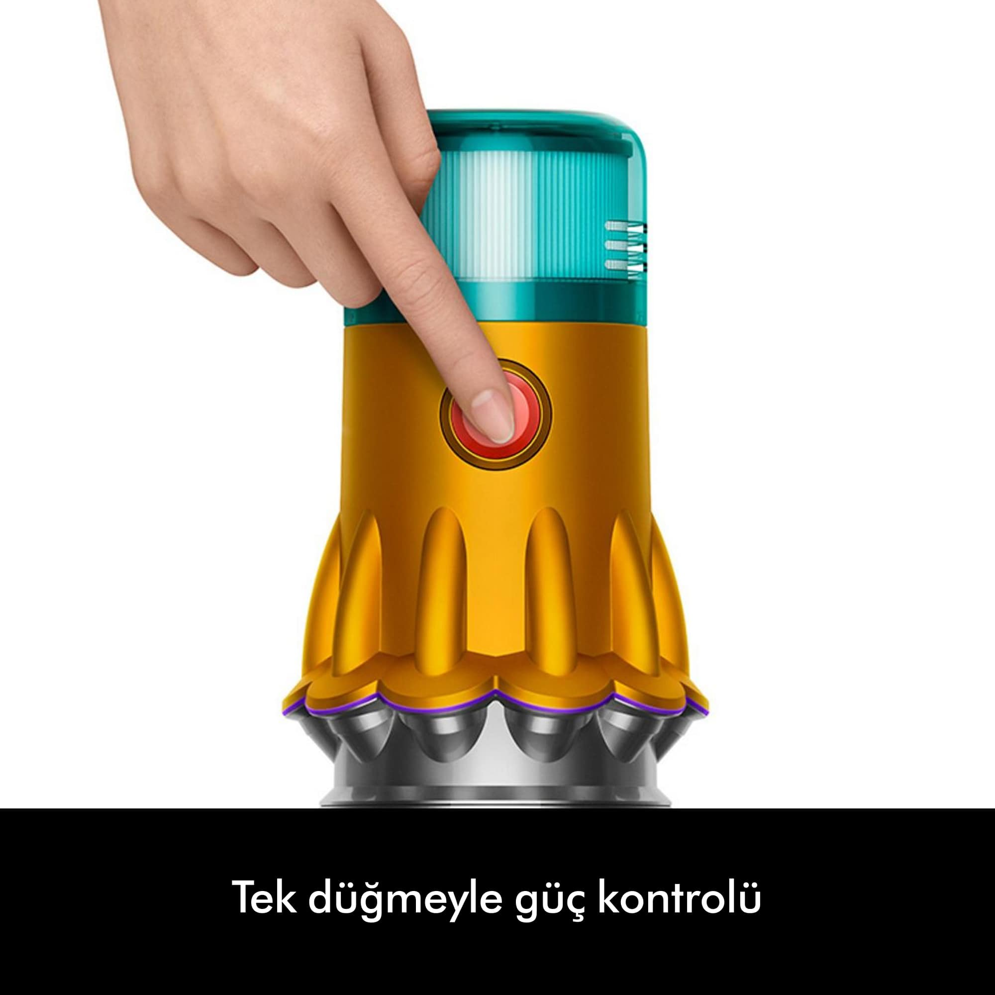 Bir el, sarı ve mavi bir cihazdaki kırmızı düğmeye basıyor.