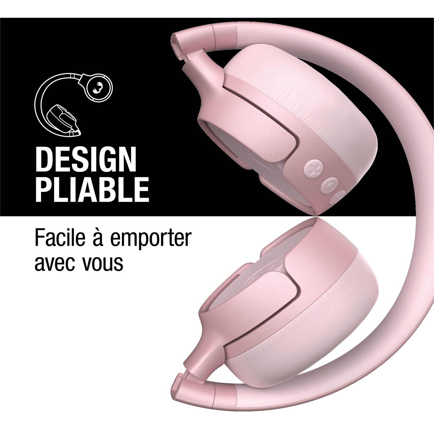 Casque rose pliable avec boutons de commande.