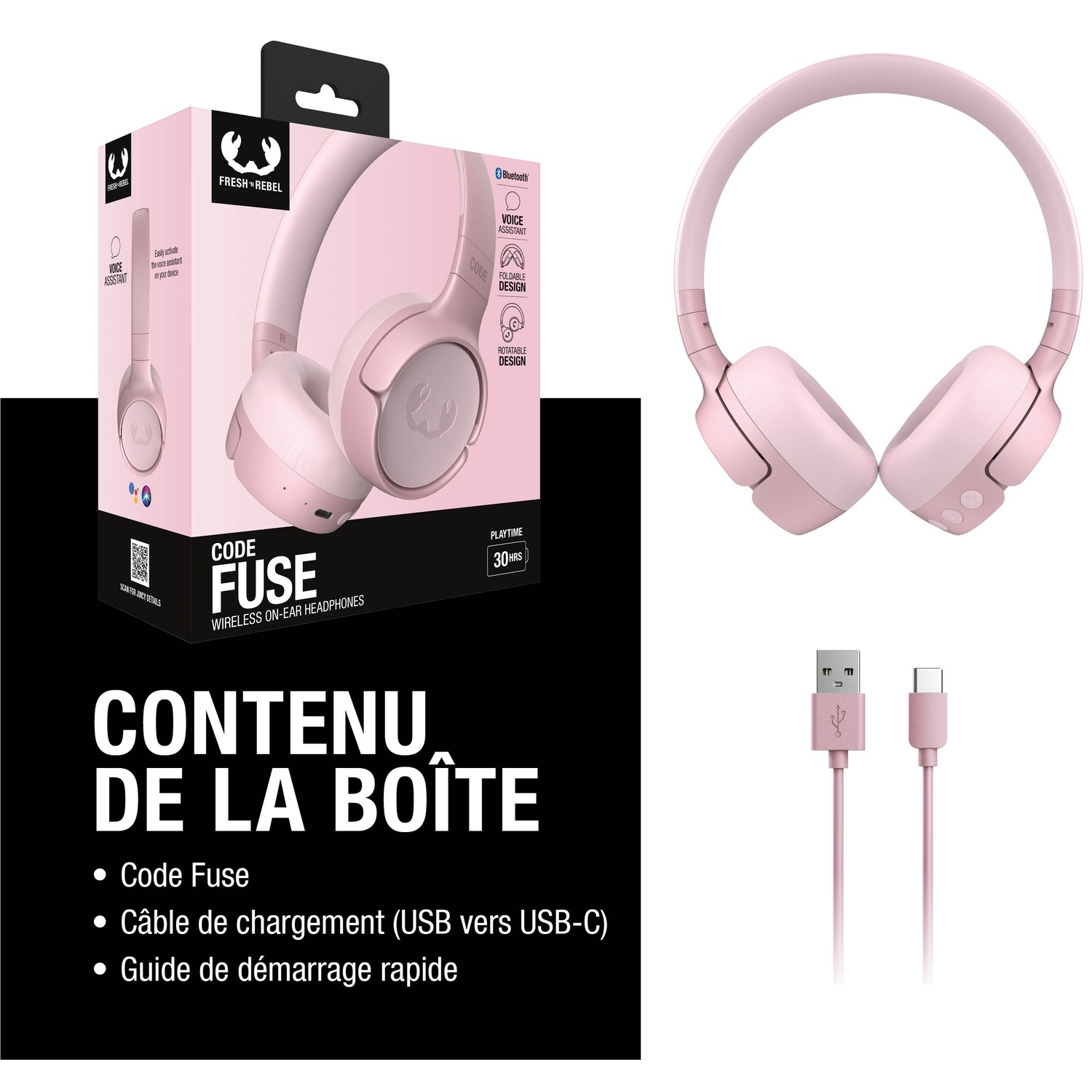 Casque Fresh Rebel rose avec câble de chargement et emballage.
