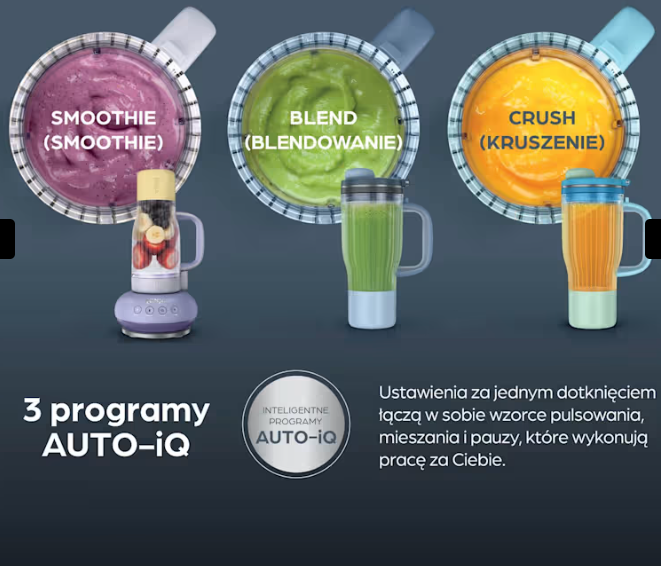 Trzy blendery z różną zawartością: smoothie, blend i kruszenie.