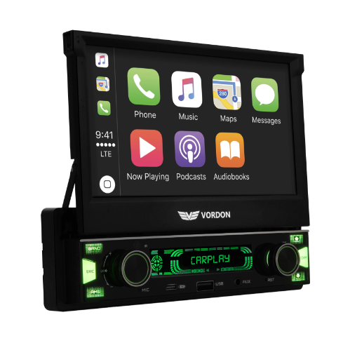 Radio samochodowe Vordon z ekranem dotykowym wyświetlającym interfejs CarPlay. Podświetlone zielone przyciski.