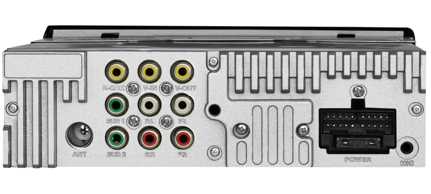 Tył radia samochodowego z portami: ANT, R-CAM, V-IN, V-OUT, SUB 1, RL, FL, SUB 2, RR, FR, POWER i MIC.