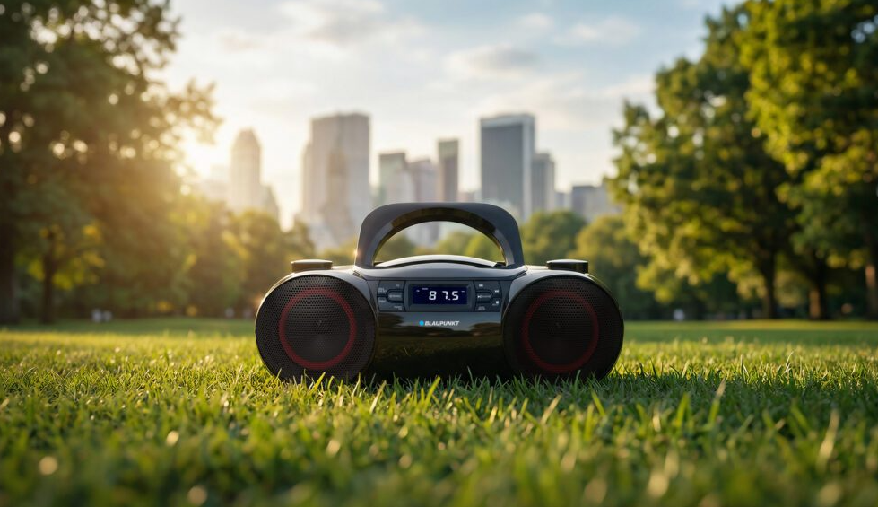 Przenośny boombox na trawie z budynkami miasta w tle.