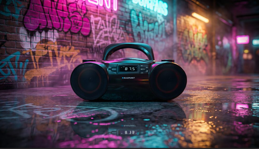 Czarny boombox na mokrym podłożu przed ścianą z graffiti w neonowym świetle.