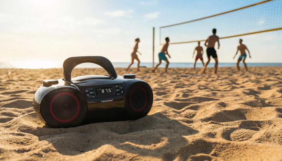 Czarna boombox na piasku, w tle ludzie grający w siatkówkę.