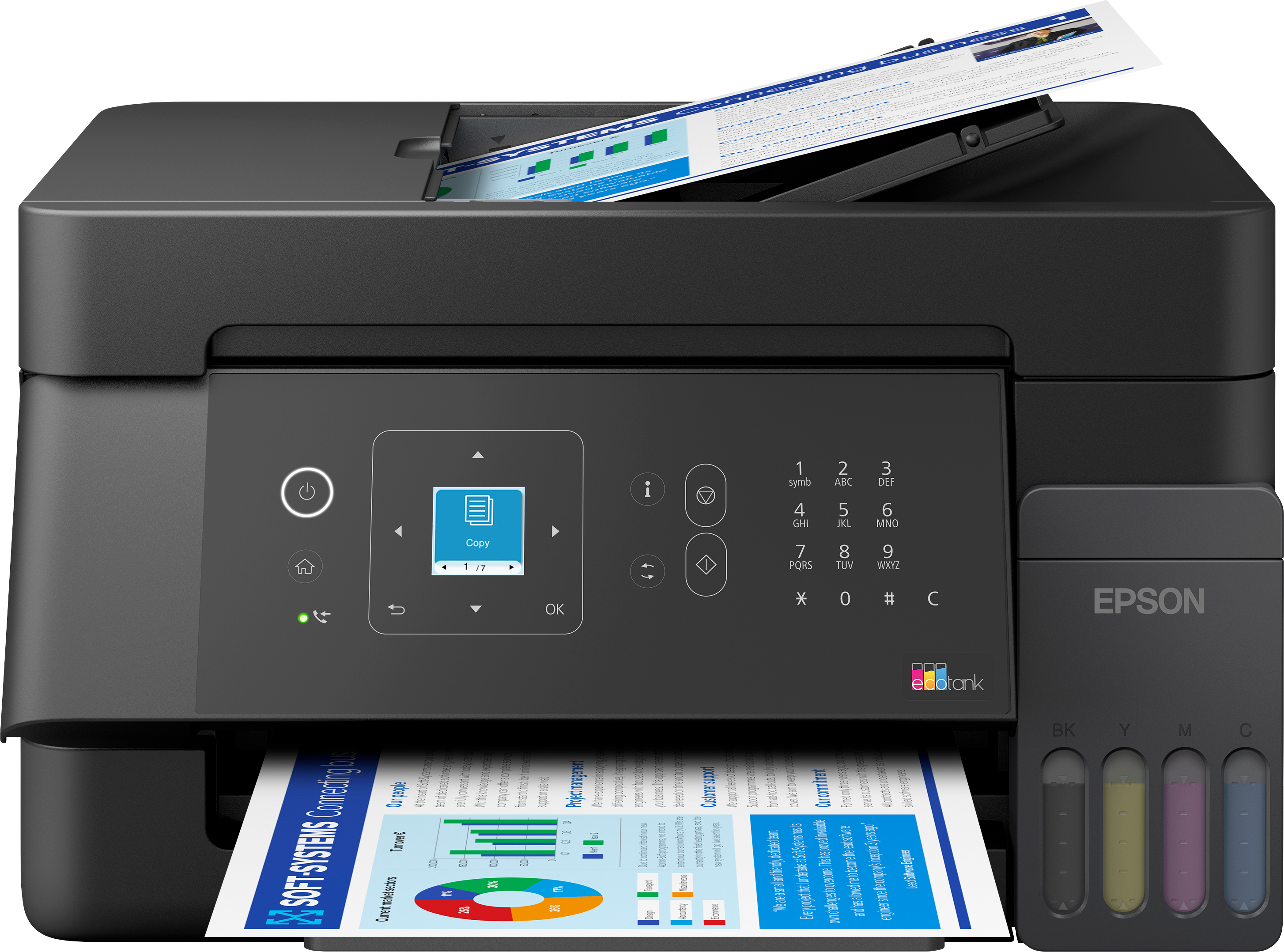 Siyah bir Epson EcoTank yazıcı, grafikler ve metin içeren bir belge yazdırıyor.