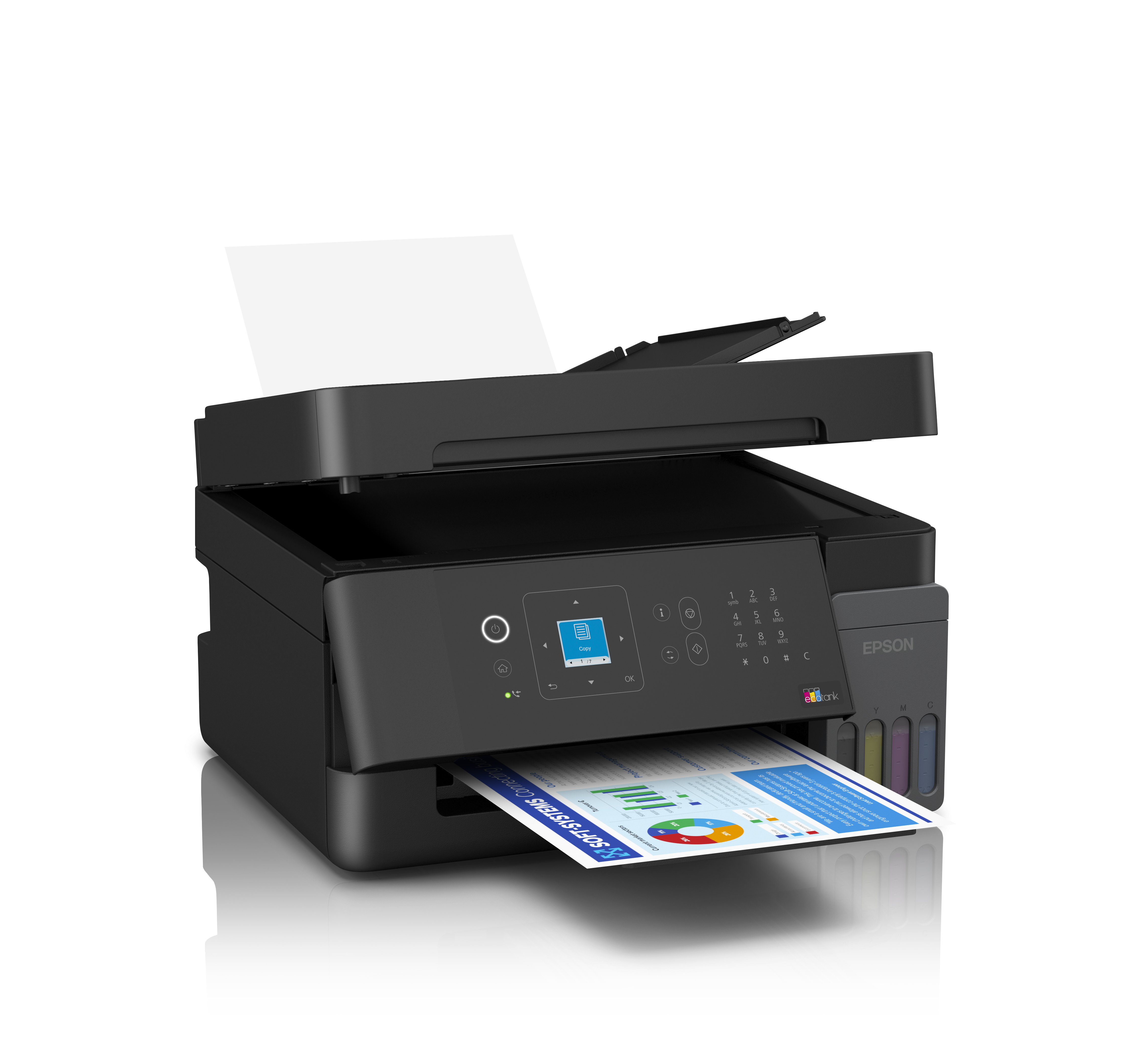 Siyah Epson EcoTank yazıcı grafikli bir belge yazdırıyor.