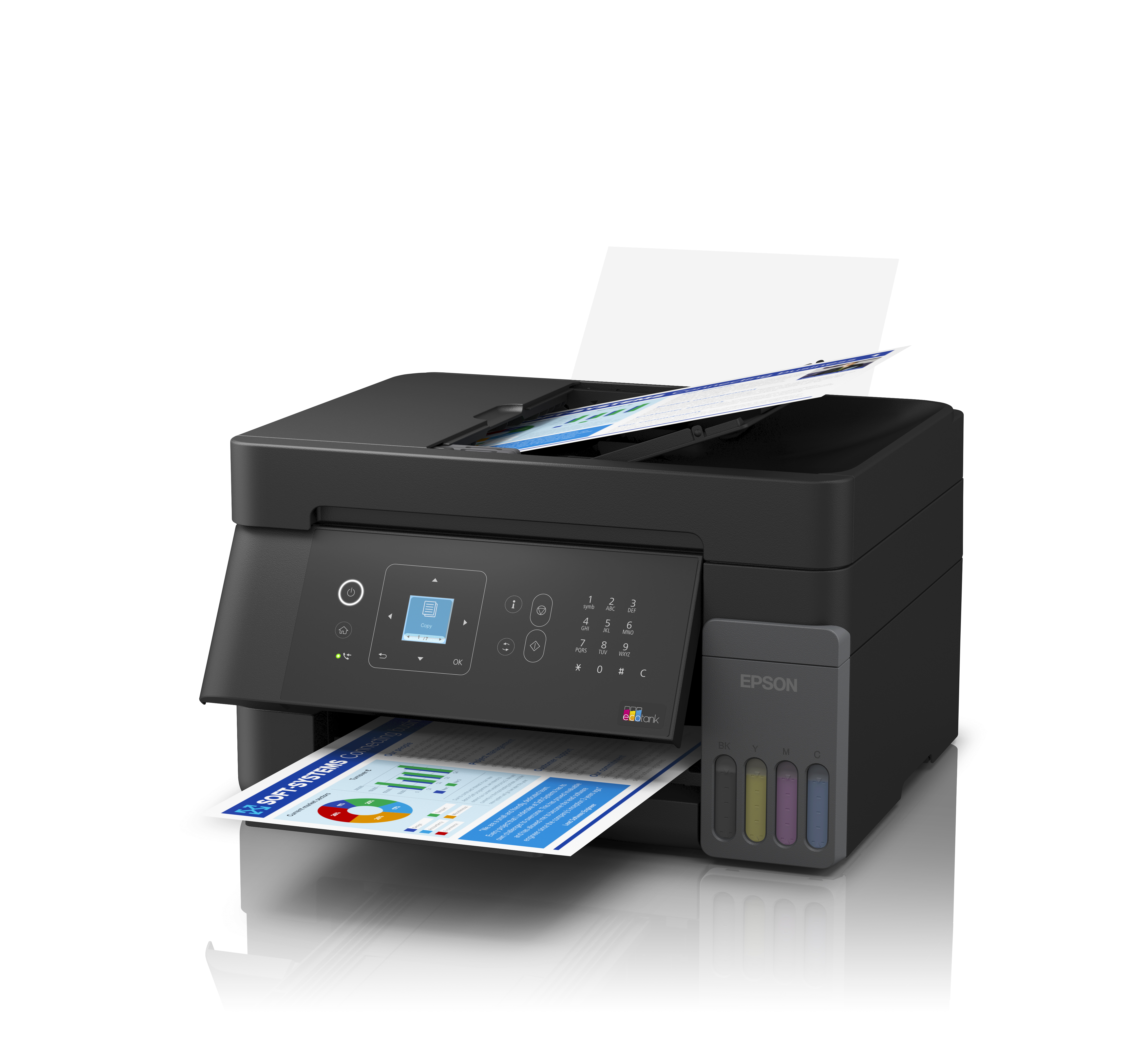 Mürekkep tankları ve basılı kağıdı olan siyah bir Epson yazıcı.