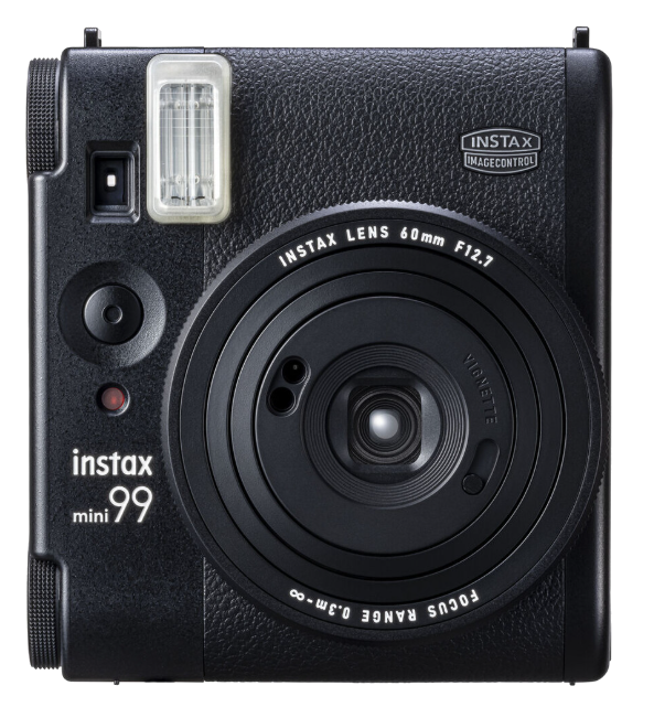Czarny aparat natychmiastowy Fujifilm Instax Mini 99 z obiektywem, lampą błyskową i przyciskami.