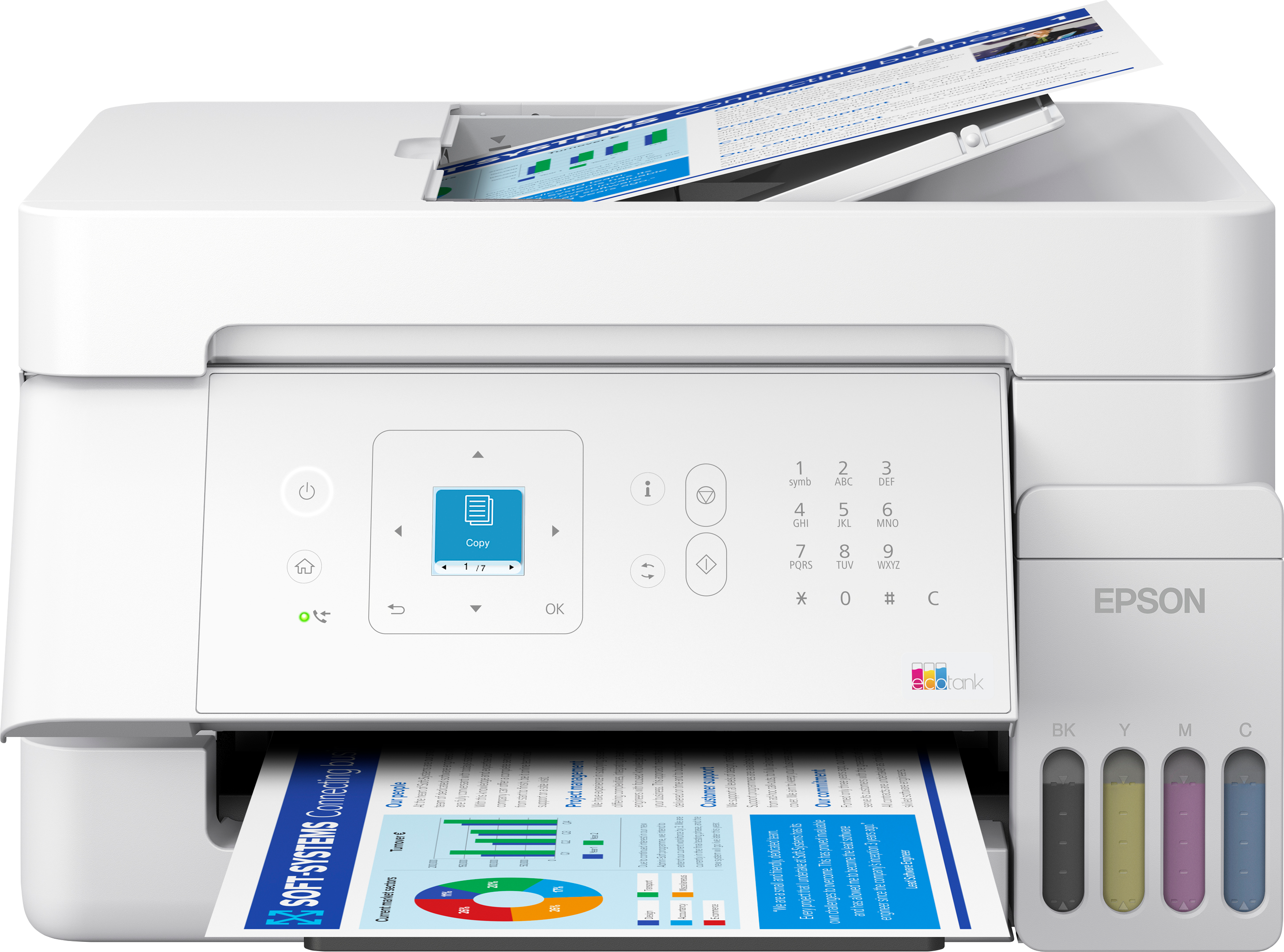 Beyaz bir Epson EcoTank yazıcı renkli bir grafik yazdırıyor.