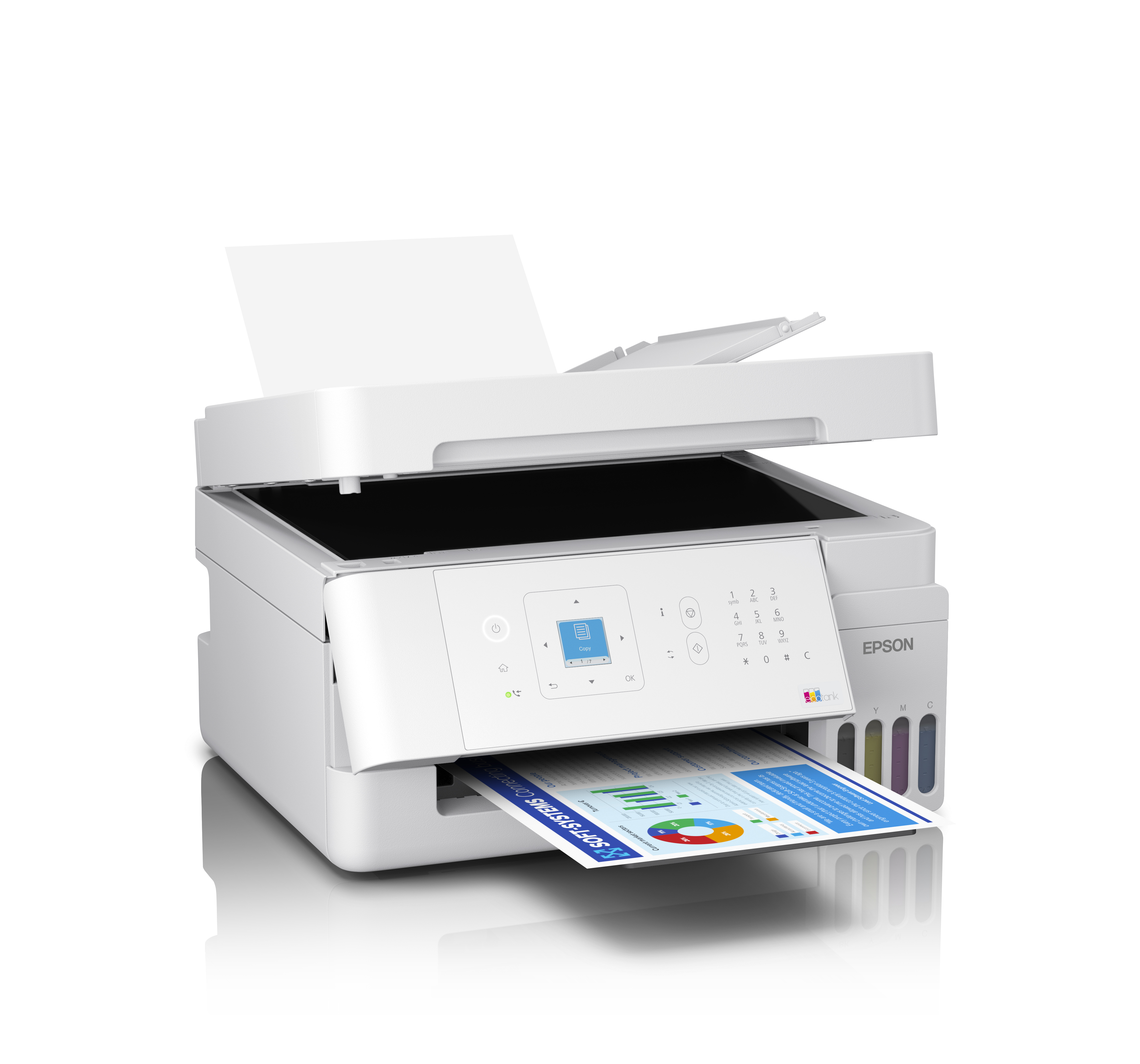 Beyaz bir Epson EcoTank yazıcı, pasta ve çubuk grafikli bir belge yazdırıyor.