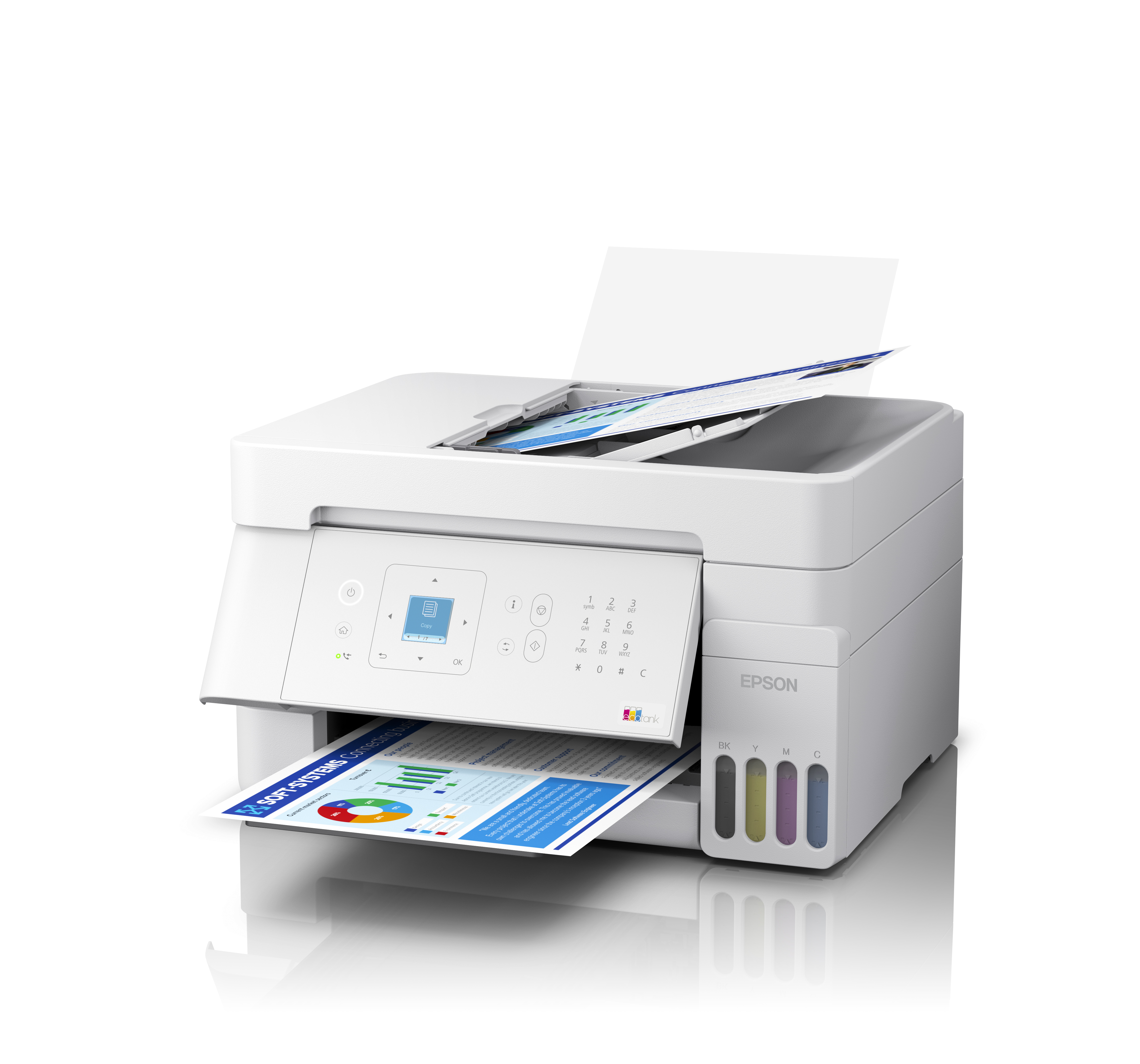 Mürekkep tanklı beyaz bir Epson EcoTank yazıcı. Bir belge yazdırılıyor.