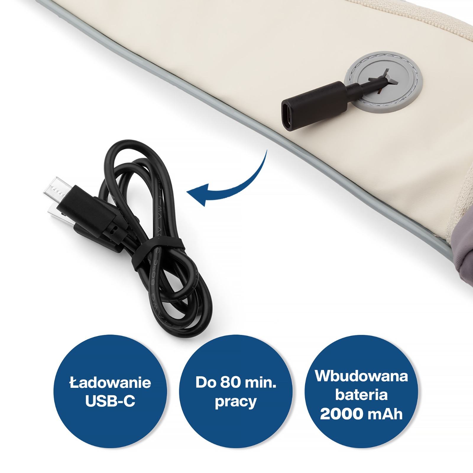 Czarny kabel USB-C obok białego urządzenia z niebieskimi kołami.
