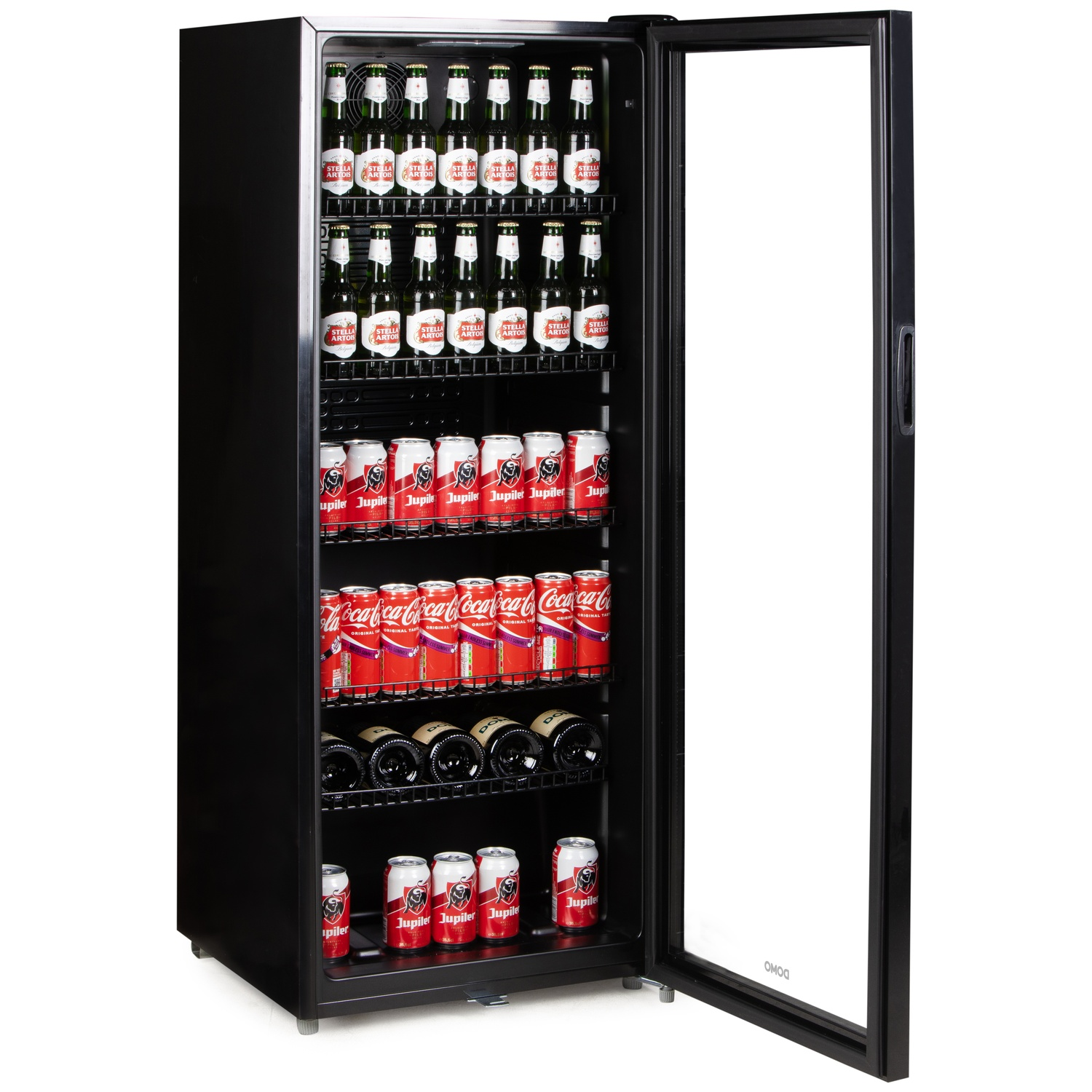 Un réfrigérateur à boissons noir rempli de bouteilles de bière, de canettes et de bouteilles de vin.