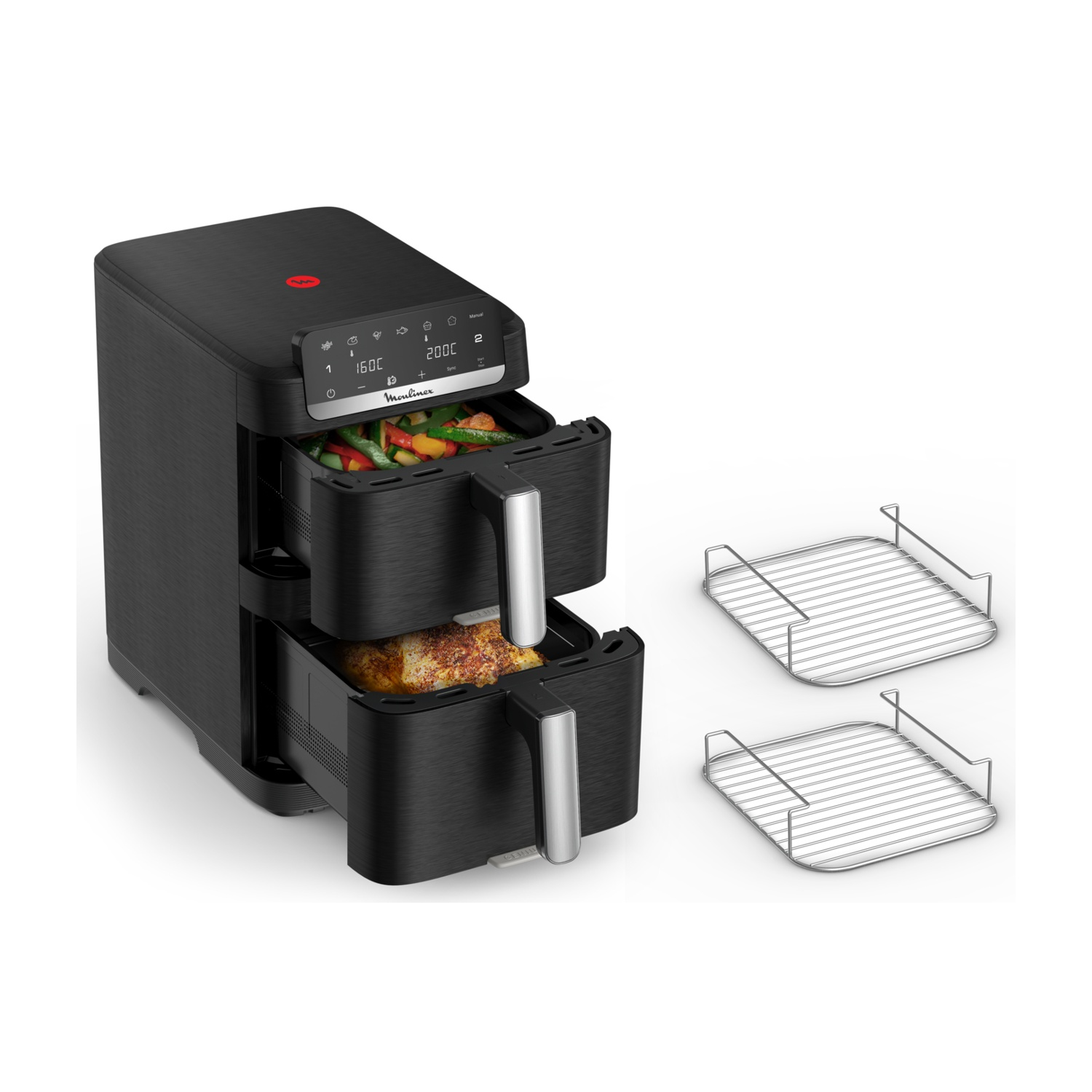 Friggitrice ad aria nera a doppio cestello con verdure, pollo. Due griglie.